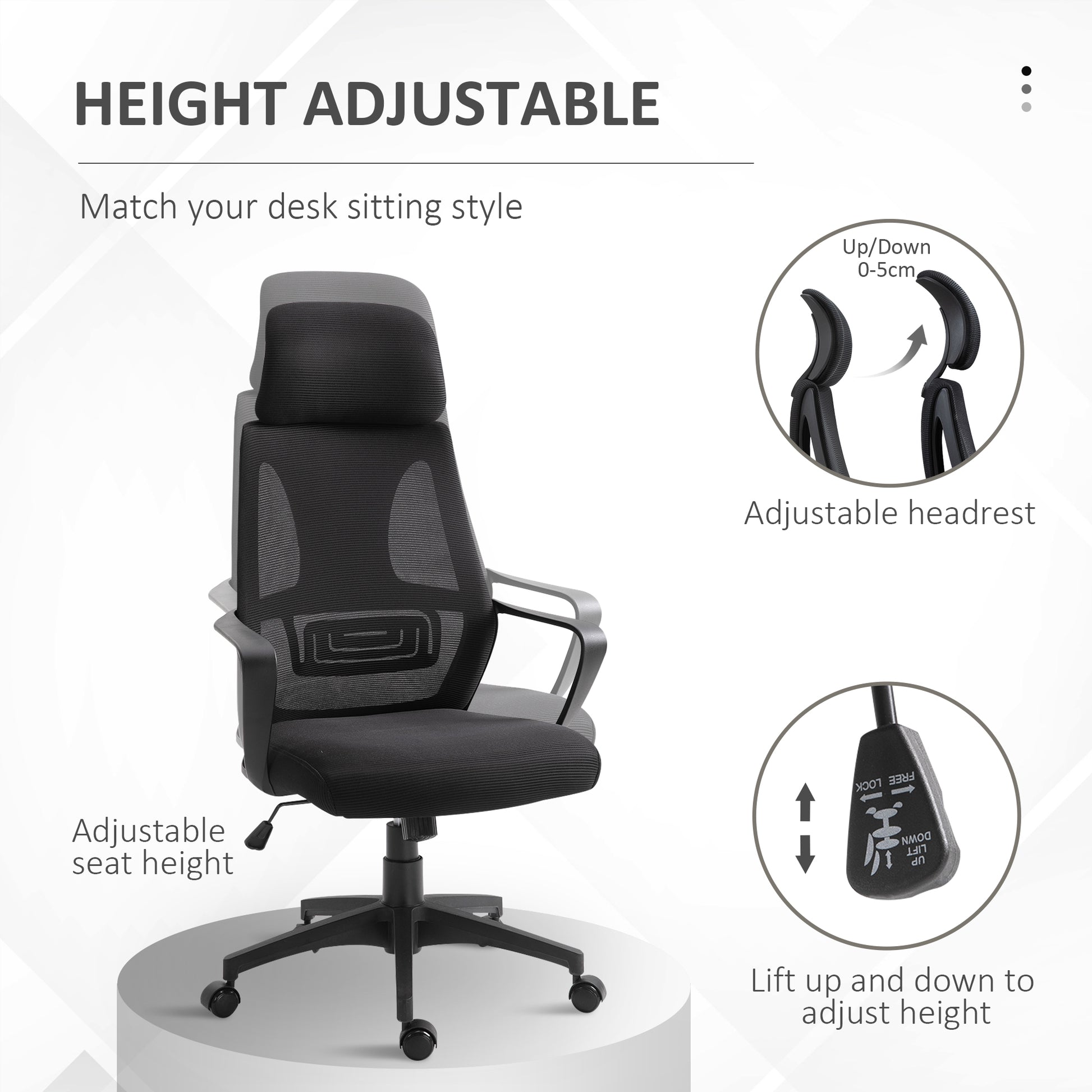 Mesh Office Chair with Up&Down Headrest, Ergonomic Computer Desk Chair with Adjustable Tilt Angle, Height Adjustable Swivel Seat with Lumbar Support for Office, Black