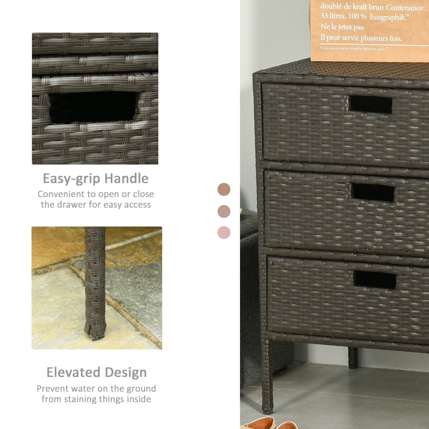 32" Poolside Rattan Wicker Patio Organizer Storage Cabinet Bathroom Storage w/ 3 Large Drawers Garden Outdoor