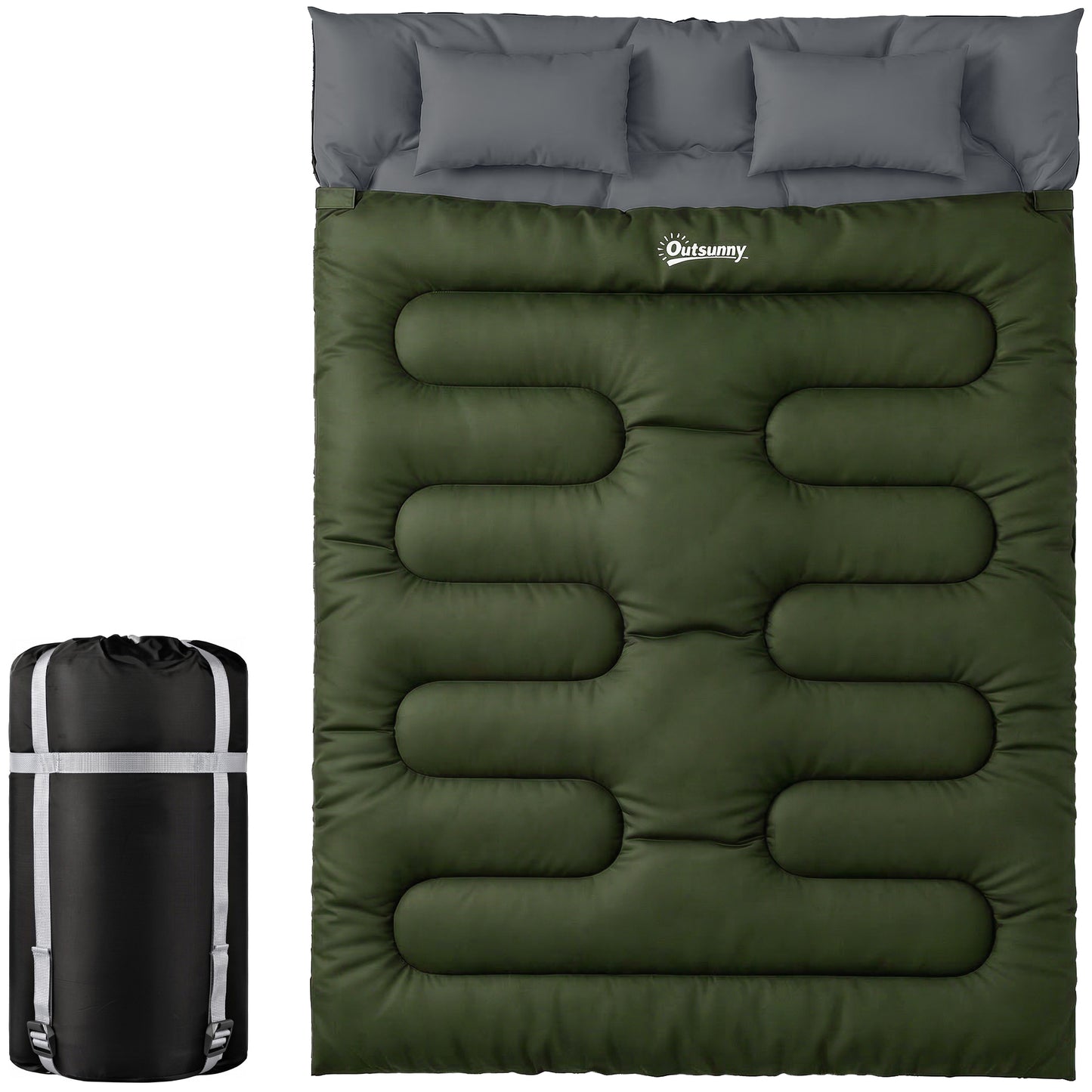 Double Sleeping Bag for Adults, Queen Size 2 Person Sleeping Bag with 2 Pillows, for Cold Weather & Warm, Green