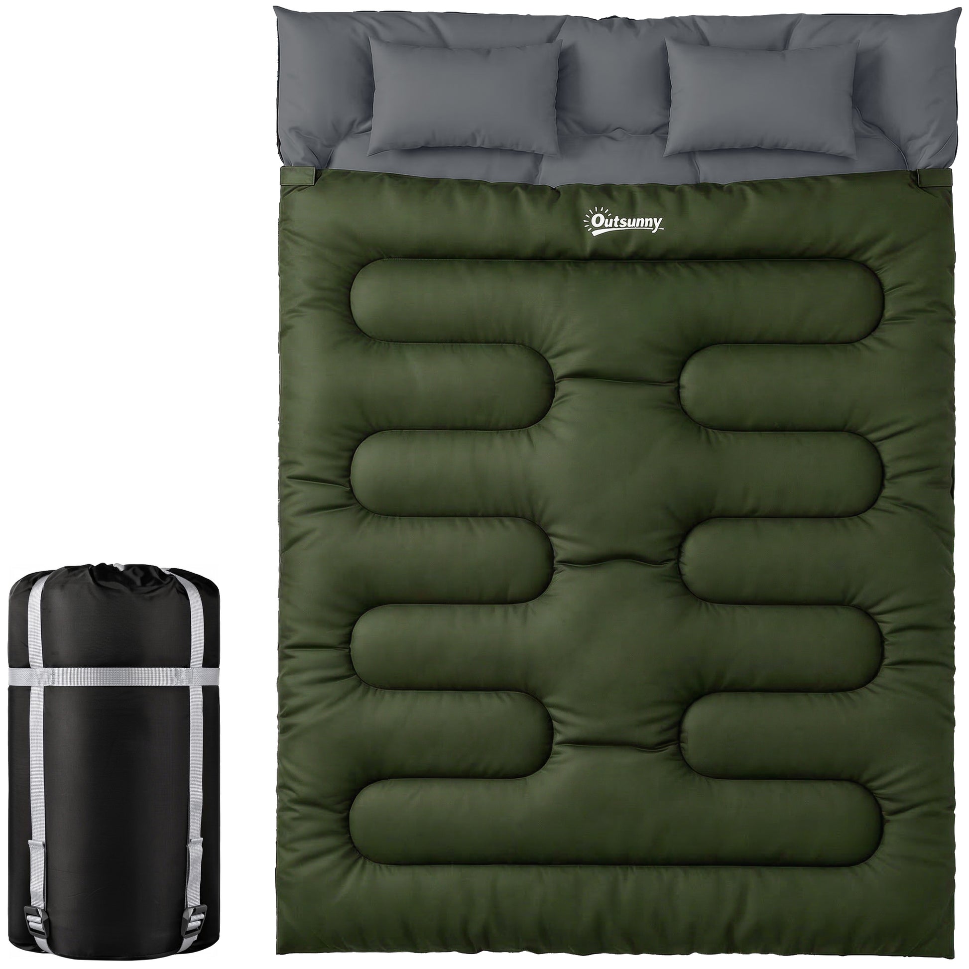 Double Sleeping Bag for Adults, Queen Size 2 Person Sleeping Bag with 2 Pillows, for Cold Weather & Warm, Green