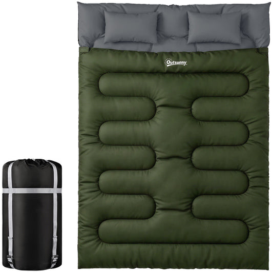 Double Sleeping Bag for Adults, Queen Size 2 Person Sleeping Bag with 2 Pillows, for Cold Weather & Warm, Green