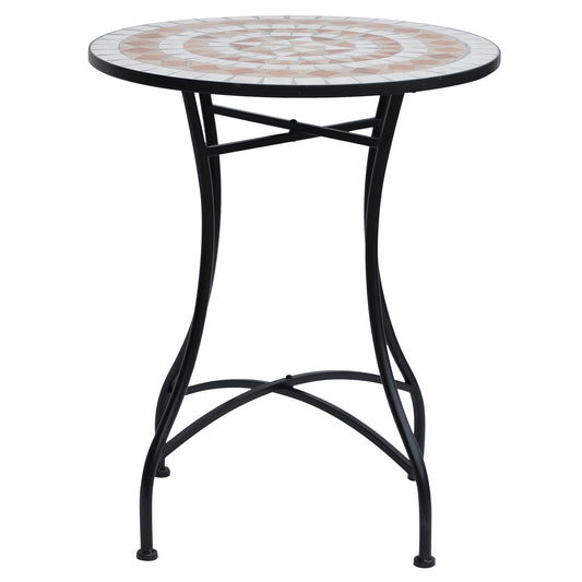 23.5" Mosaic Round Patio Table, Metal Side Bistro Coffee Table, Outdoor Furniture, Ceramic Tabletop for Garden Lawn