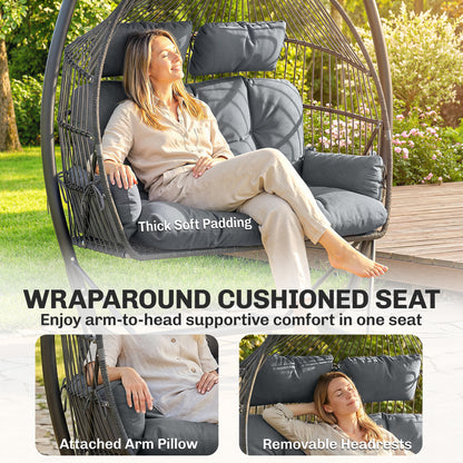 Hanging Double Egg Chair Outdoor Egg Swing Chair with Canopy, Cushion, Stand, Dark Grey