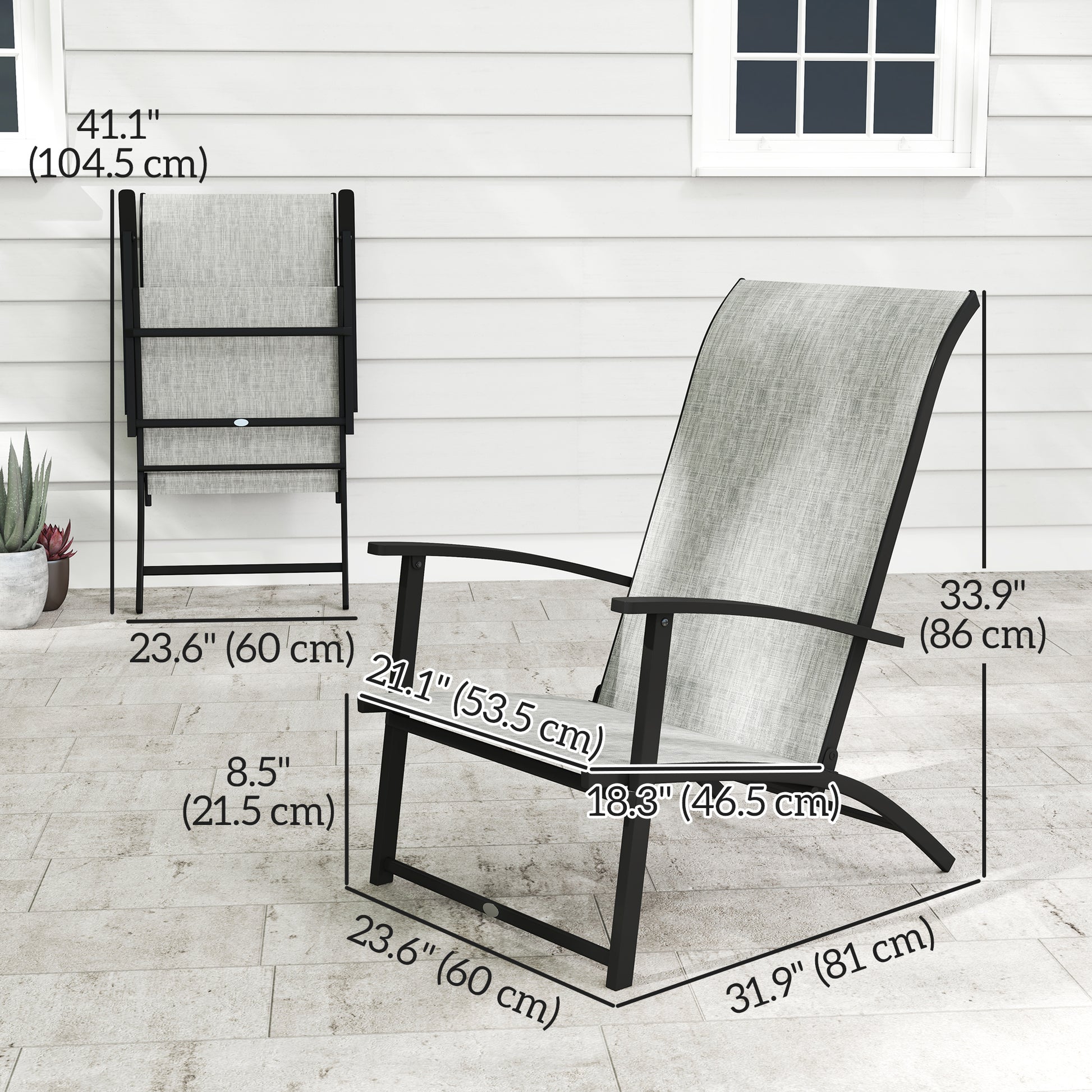 Set of 2 Folding Lawn Chairs, Outdoor Folding Chairs with Armrests, High Backrest for Backyard Balcony, Grey
