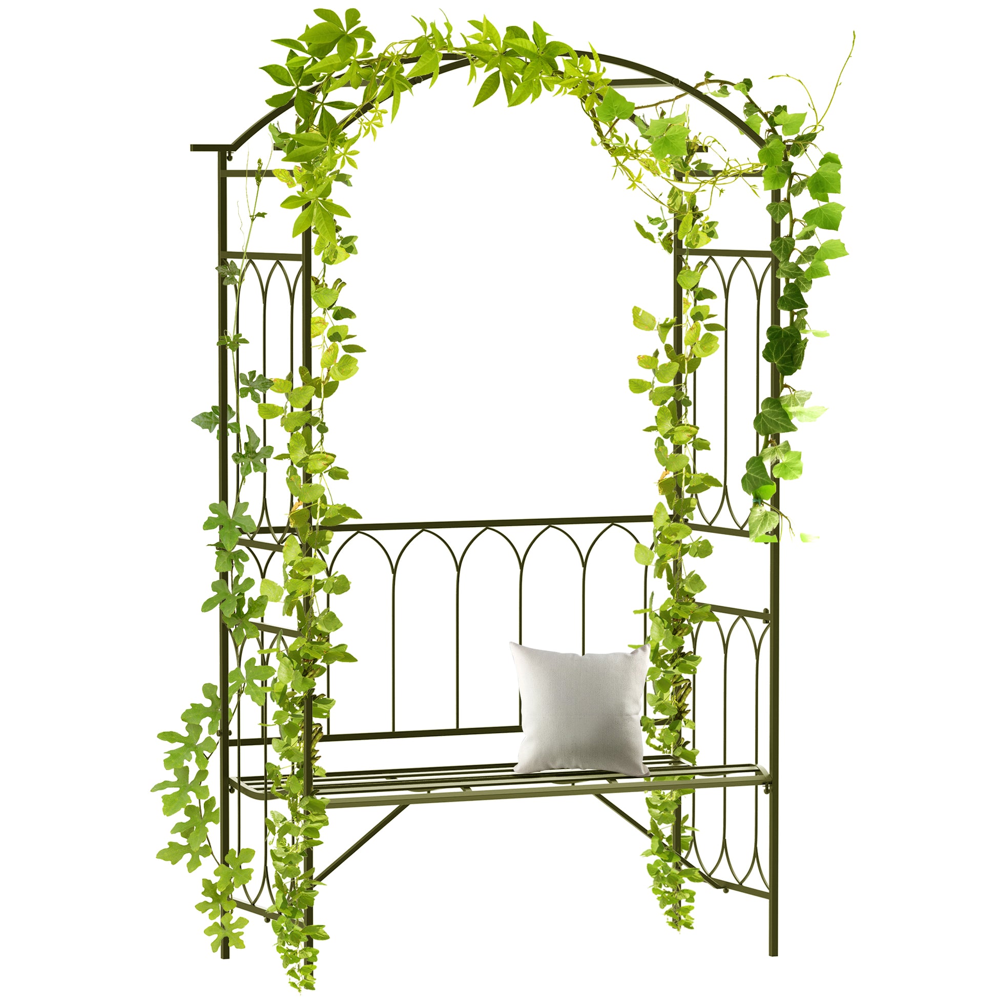 80" Tall Fairy Garden Arbor Arch with Bench Metal Outdoor Plant Climbing Support Trellis with 2 Seater Bench for Rose Vines Black