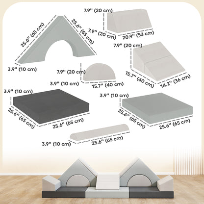 Qaba 12 PCS Modular Kids Play Couch, Child Sectional Sofa for Toddlers, Convertible Foam and Floor Cushion, Grey