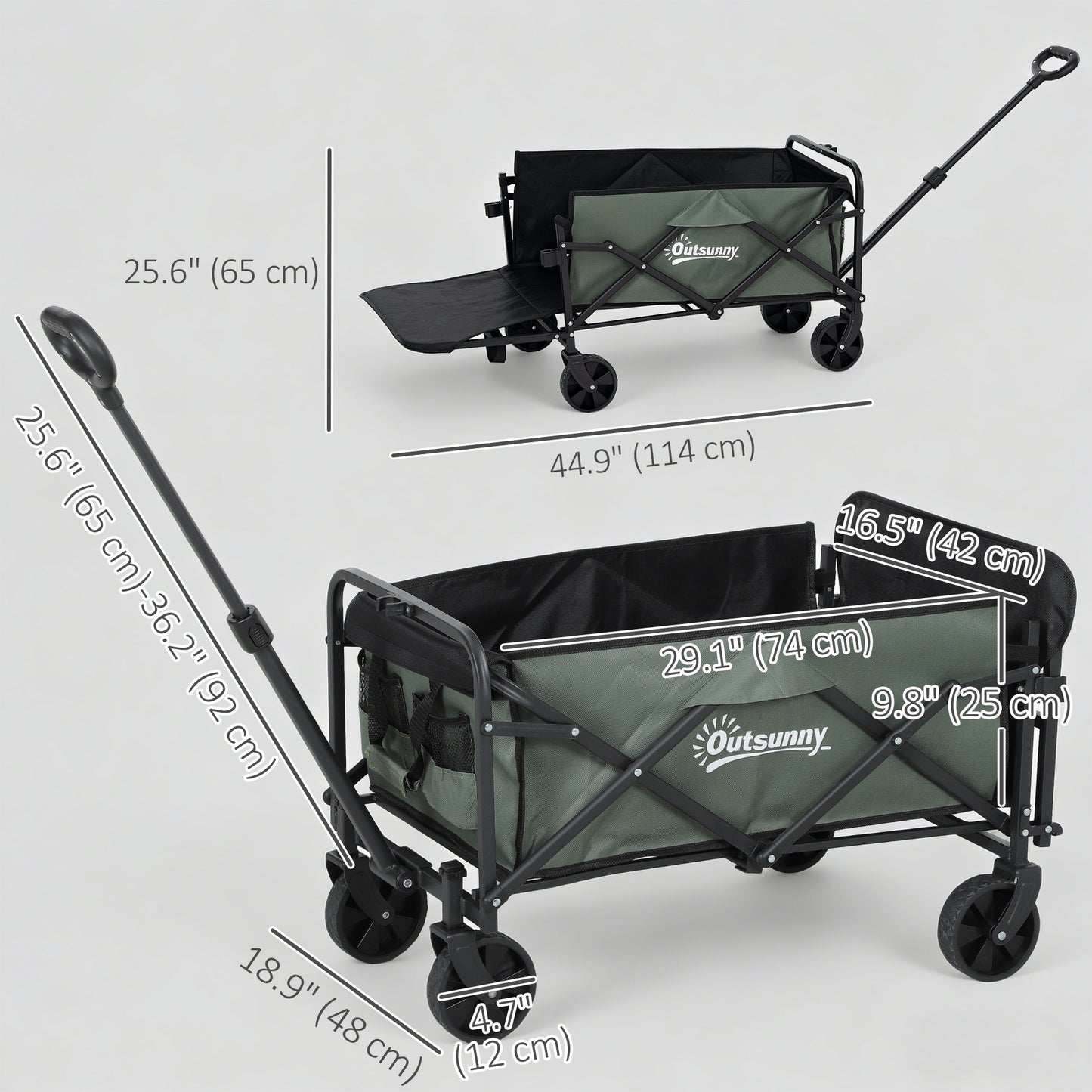 Wagon Cart Foldable, Collapsible Wagon Cart with Removable Liner, Handle, Wheels, 72L & 198 LBS Capacity, Green