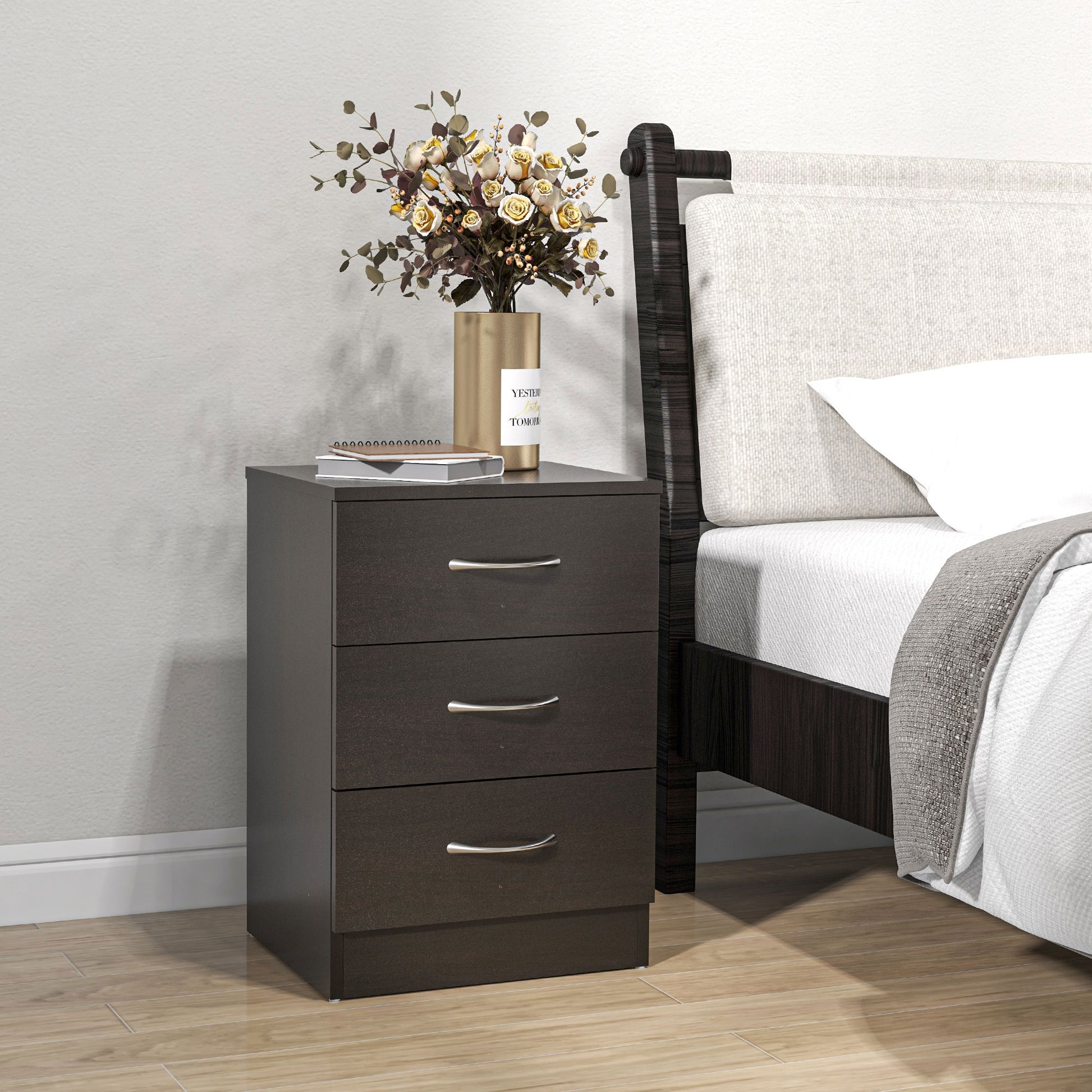 Bedside Table with 3 Drawers, Modern Wood Nightstand, Side Table with Anti-tipping Design for Bedroom, Set of 2, Dark Brown