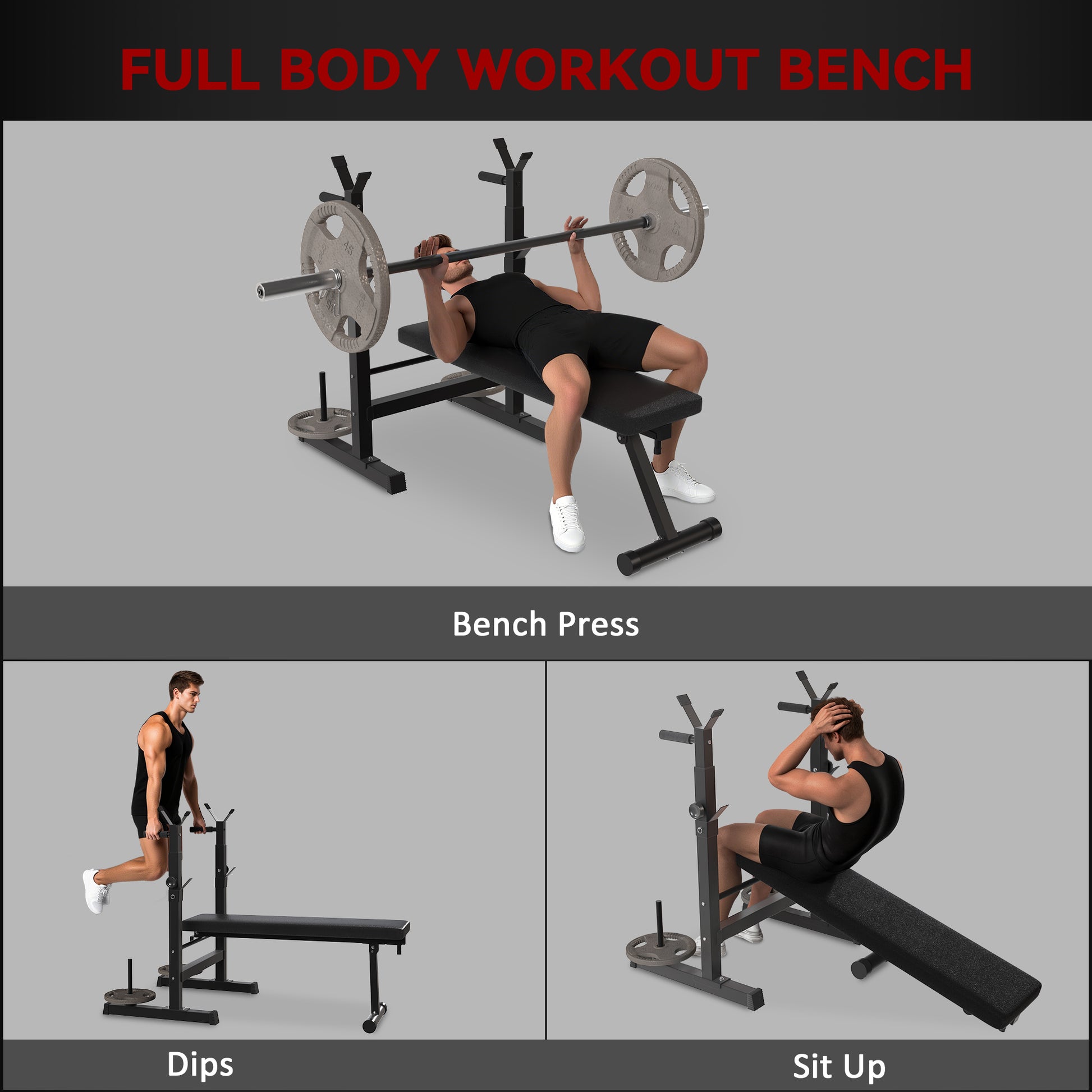 Soozier Adjustable Weight Bench, Foldable Bench Press with Barbell Rack and Dip Station for Home Gym, Strength Training Multiuse Workout Bench, Black