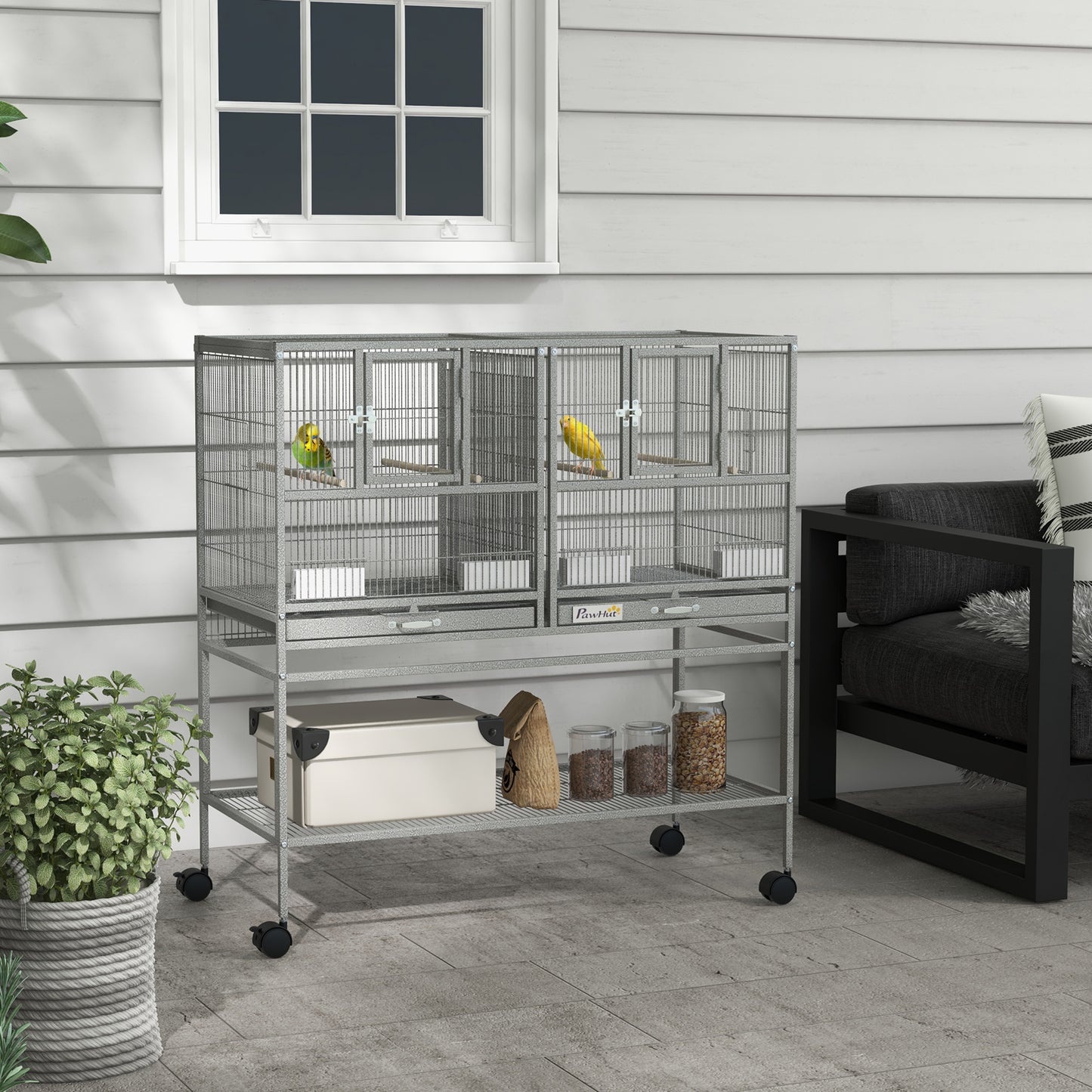 Large Double Rolling Metal Bird Cage Bird House w/ Removable Tray Storage Shelf