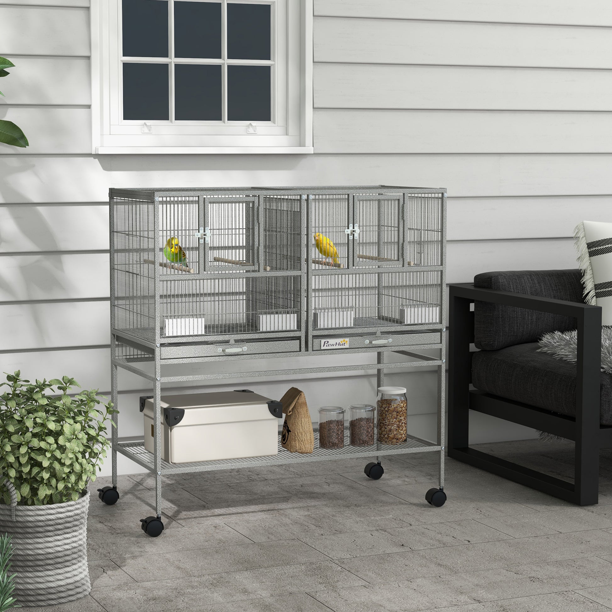 Large Double Rolling Metal Bird Cage Bird House w/ Removable Tray Storage Shelf