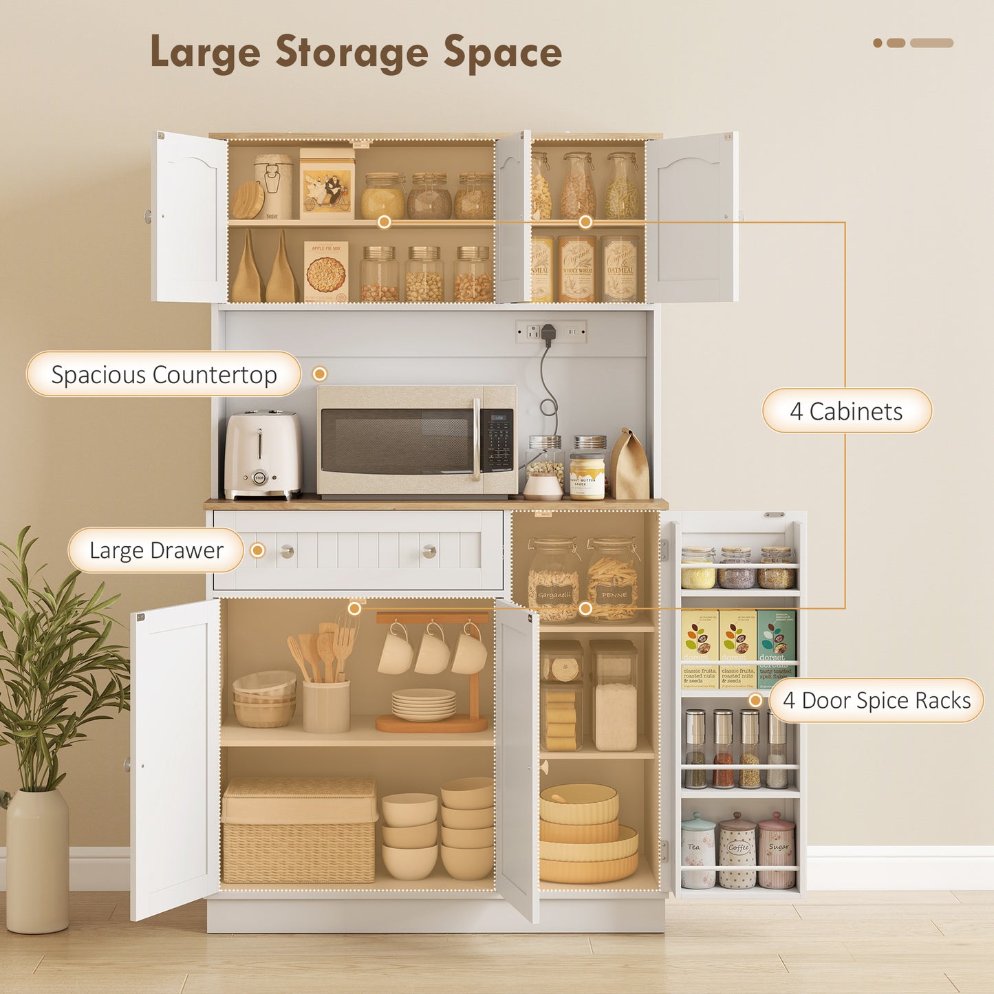 68" Pantry Cabinet with Charging Station, Kitchen Storage Cabinet with Microwave Stand, 4 Door Racks, White