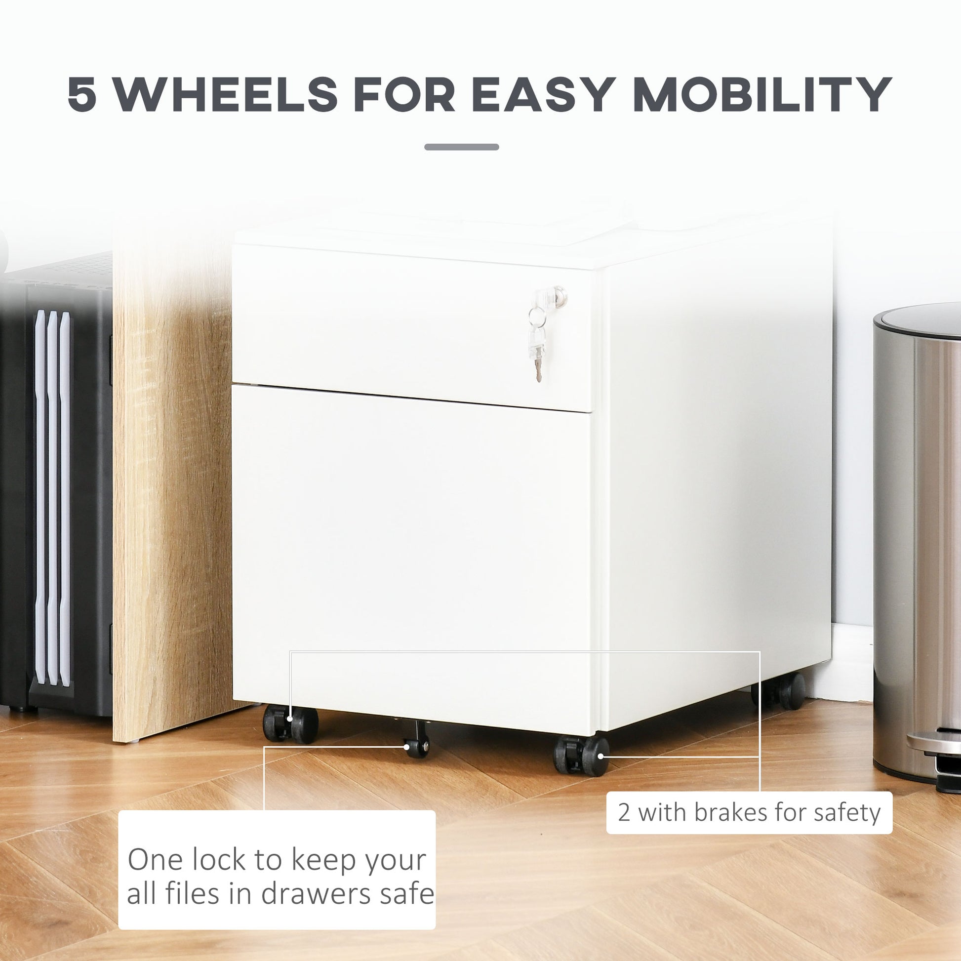 Lockable File Cabinet, Steel Filing Cabinet on Wheels for Legal, A4, Letter Size, with Pencil Tray for Home Office