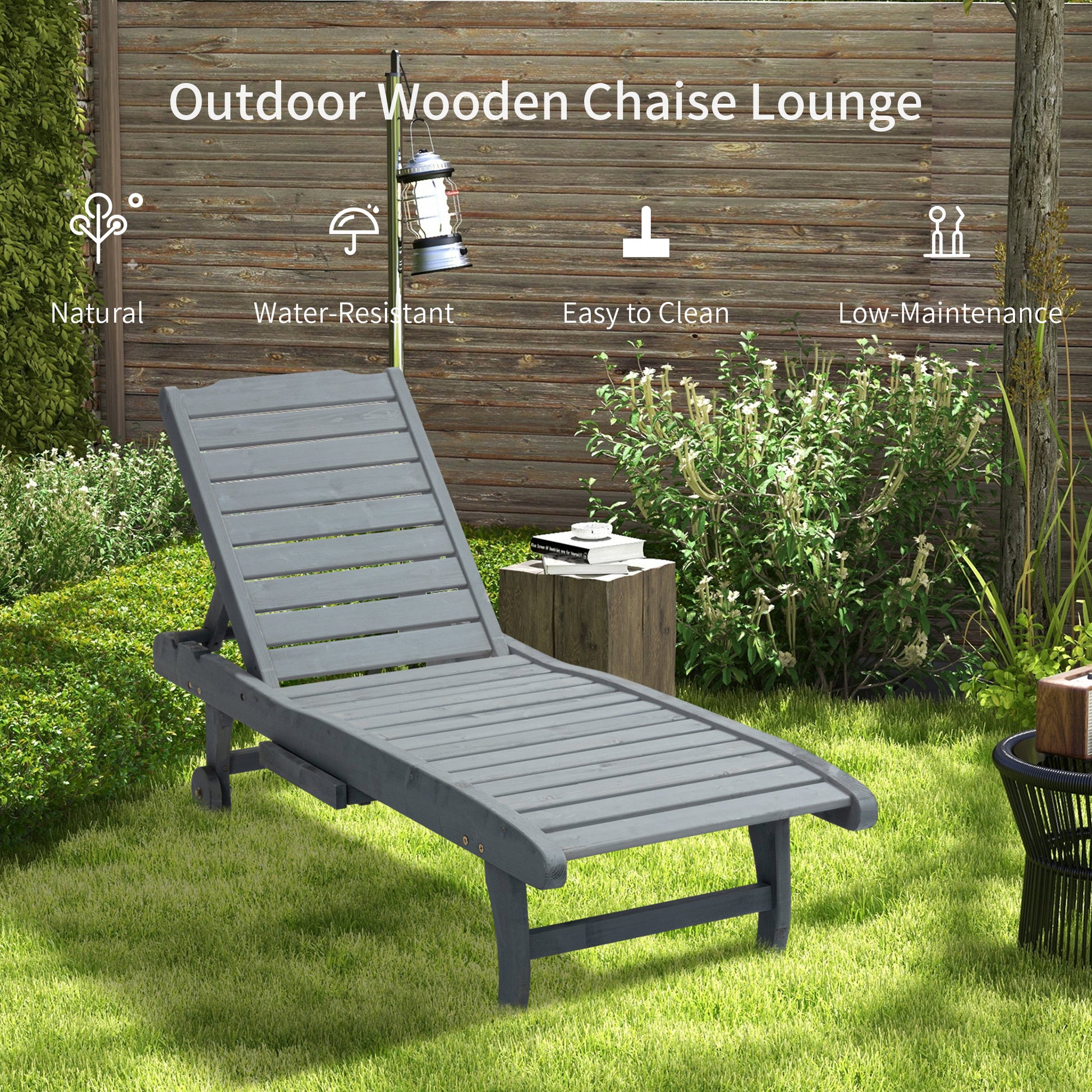 Adjustable Lounge Chair, Outdoor Patio Chaise Recliner with Pull-out Tray and 2 Wheels