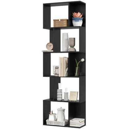 5-Tier Geometric Bookshelf, S Shaped Bookcase, Modern Freestanding Display Shelf Unit for Home Office, Black