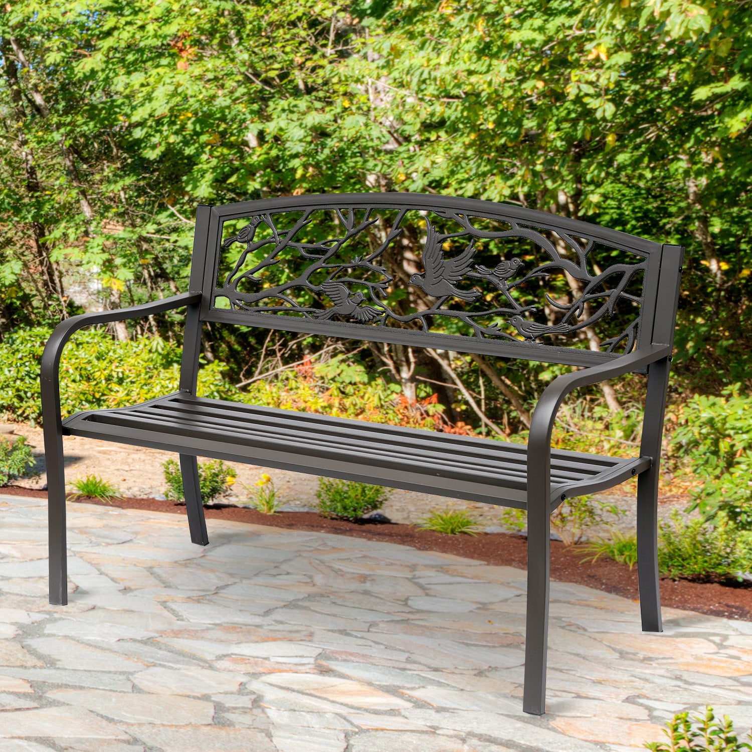 50" Garden Bench Outdoor Loveseat with Vintage Bird Pattern Cast Metal - Brown