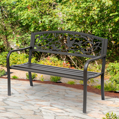 50" Garden Bench Outdoor Loveseat with Vintage Bird Pattern Cast Metal - Brown