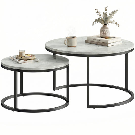 Modern Coffee Table Set of 2, Nesting Side Tables w/ Metal Base for Living Room Bedroom Office Marble Grey