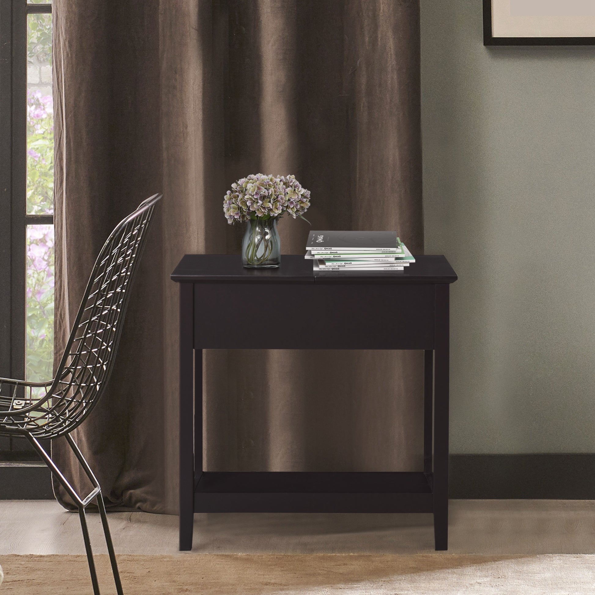 End Side Table in Flip Top Design with Cabinet and Bottom Shelf, Storage Furniture Decoration for Bedroom Living Room Office, Dark Coffee