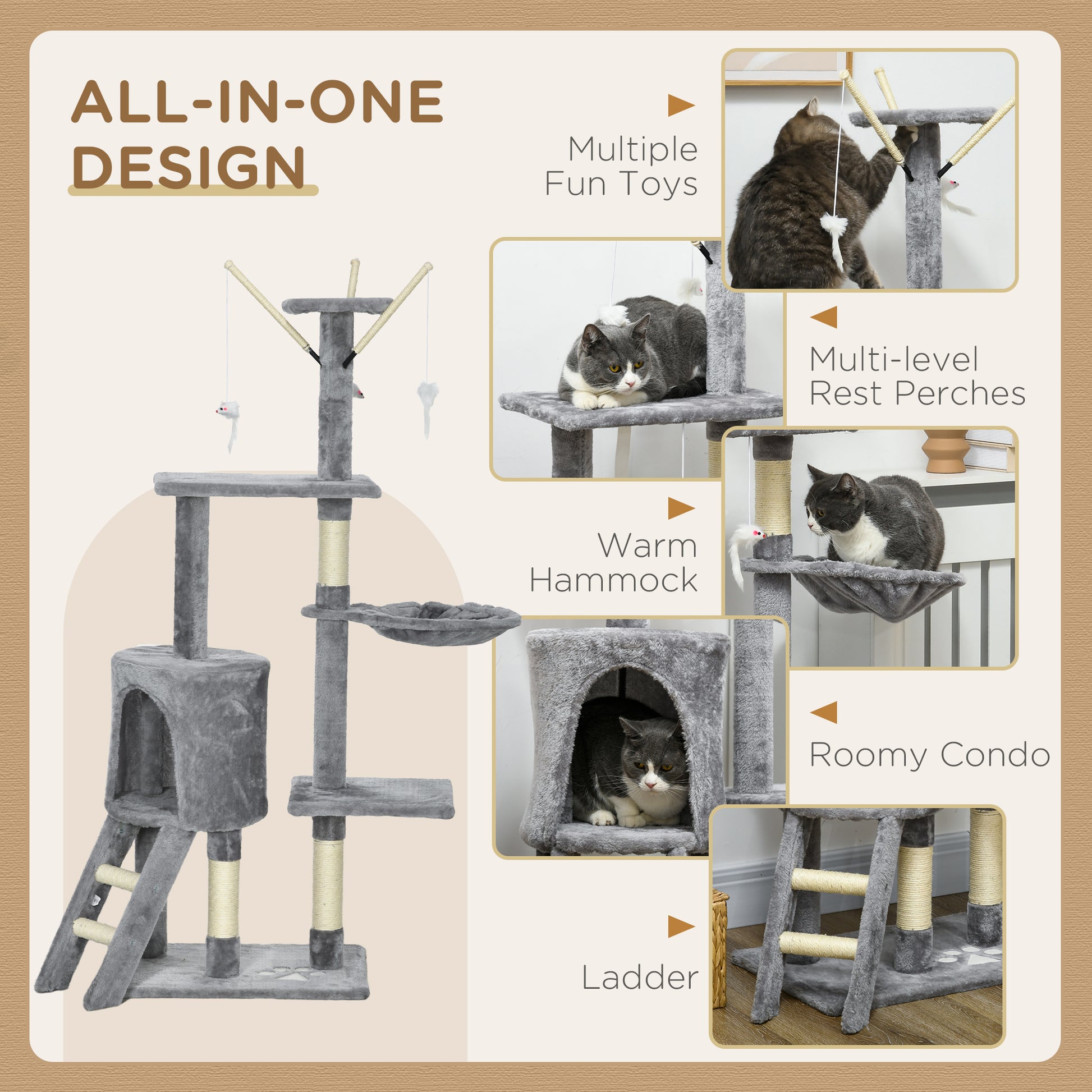 53" Cat Tree Tower, Kitten Activity Centre with Scratching Posts, Condo, Perches, Ladder, Hammock, Dangling Toys, Grey