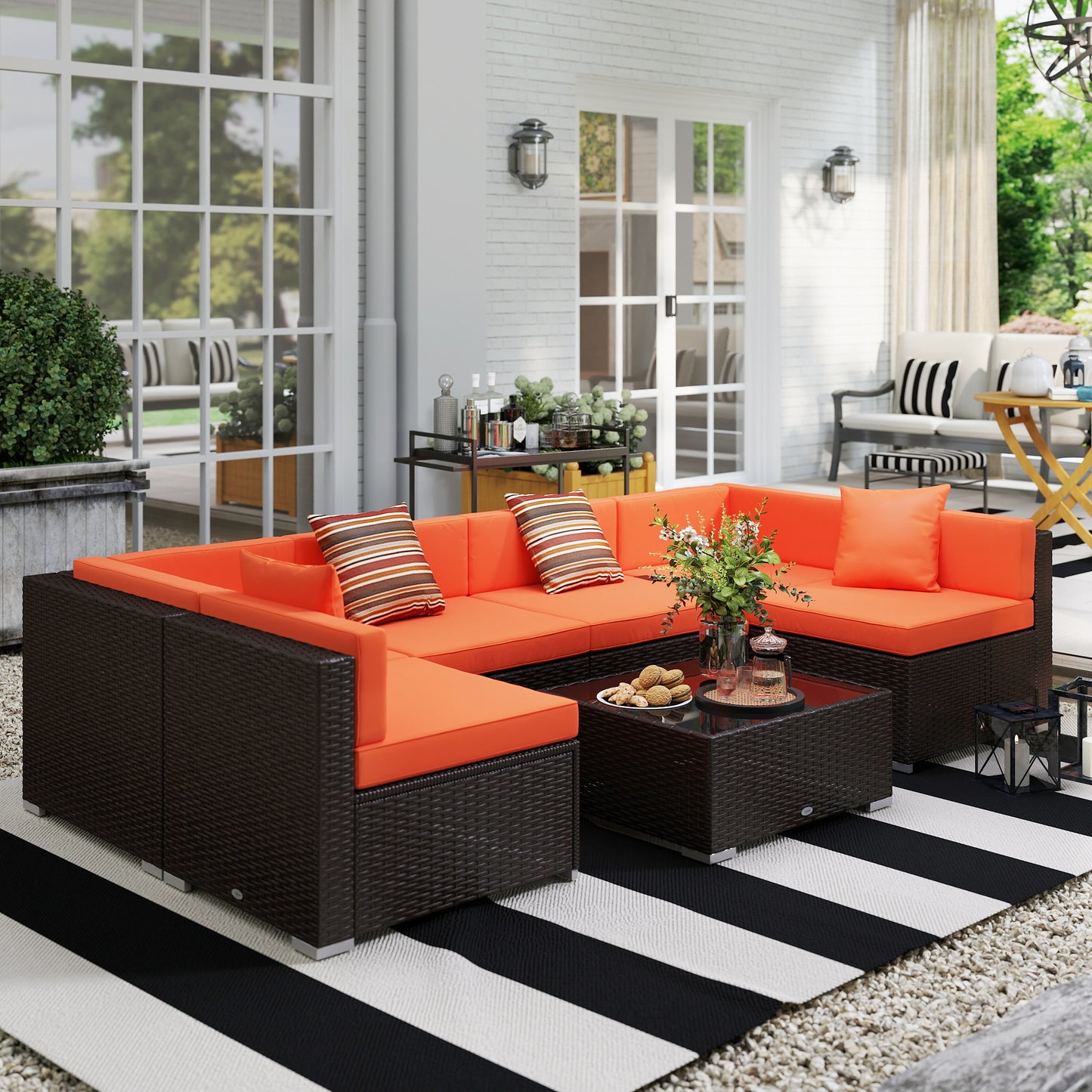 7 Pieces Patio Furniture Set, Rattan Conversation Set Garden Wicker Sofa Set with Washable Cushions and Coffee Table, for Deck Balcony Yard, Orange