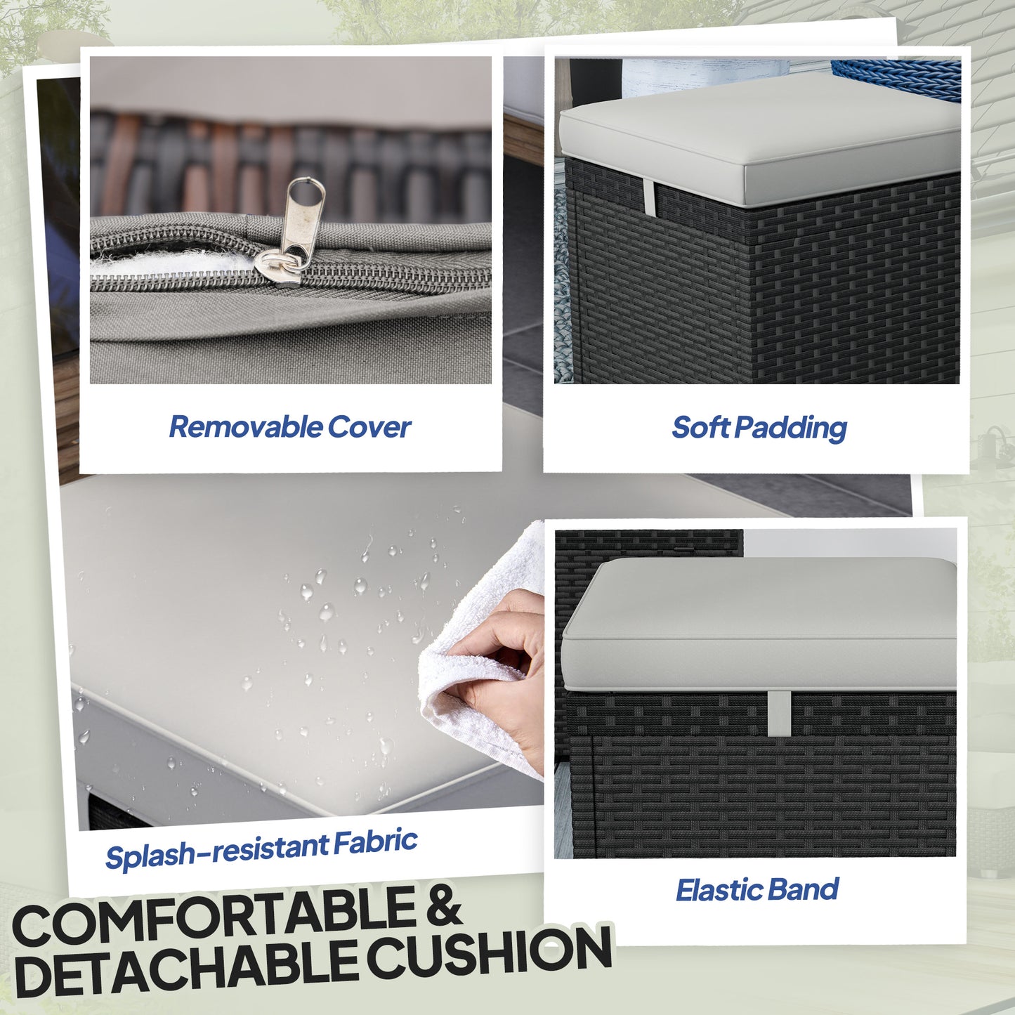 2 Pieces Wicker Outdoor Ottoman with Storage, Cushion, Square Outdoor Footstool, Seating, Side Table, Light Grey