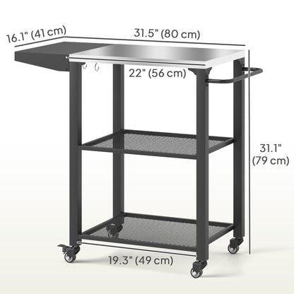 Outdoor Grill Cart w/ Foldable Side Table, 3-Tier Pizza Oven Stand w/ Stainless Steel Tabletop, Hooks, Wheels