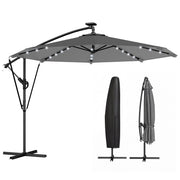 9.7ft Solar LED Cantilever Patio Umbrella with 32 LED Lights, Cross Base, Crank Handle, for Poolside, Deck, Dark Grey