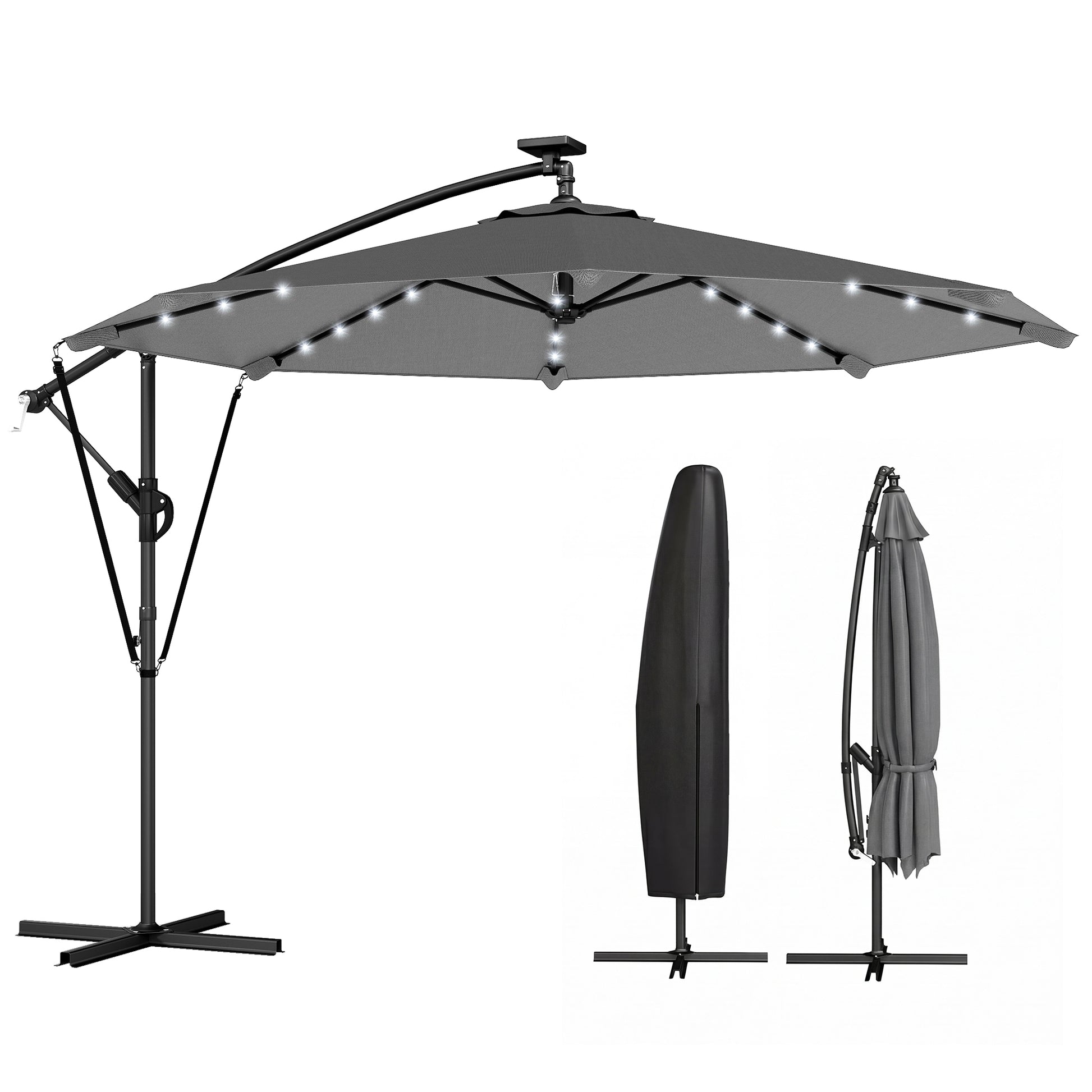 9.7ft Solar LED Cantilever Patio Umbrella with 32 LED Lights, Cross Base, Crank Handle, for Poolside, Deck, Dark Grey