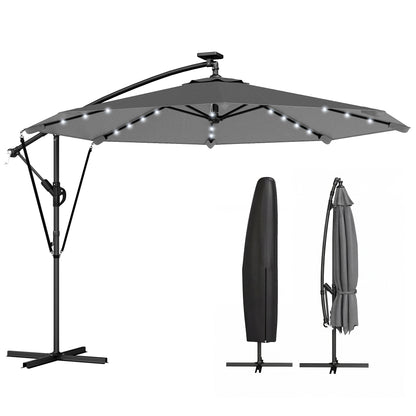 9.7ft Solar LED Cantilever Patio Umbrella with 32 LED Lights, Cross Base, Crank Handle, for Poolside, Deck, Dark Grey