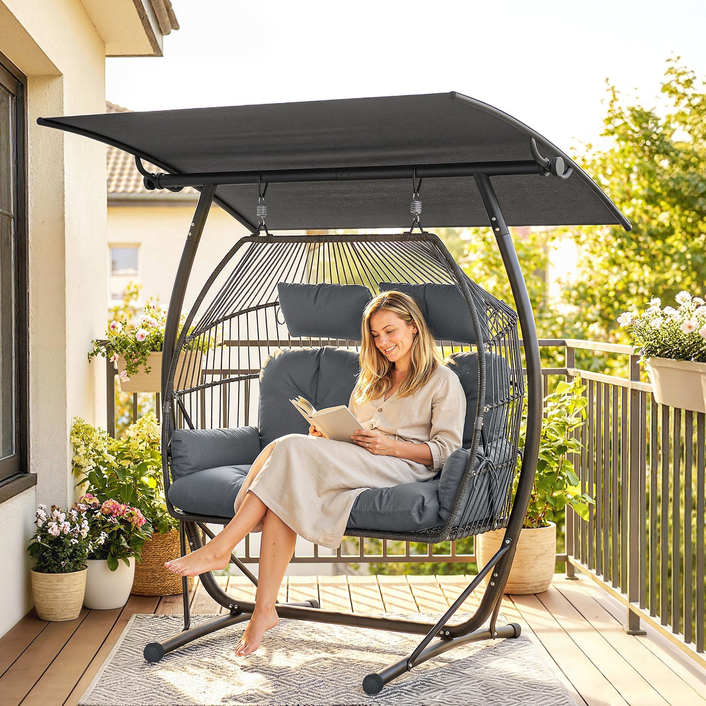 Hanging Double Egg Chair Outdoor Egg Swing Chair with Canopy, Cushion, Stand, Dark Grey