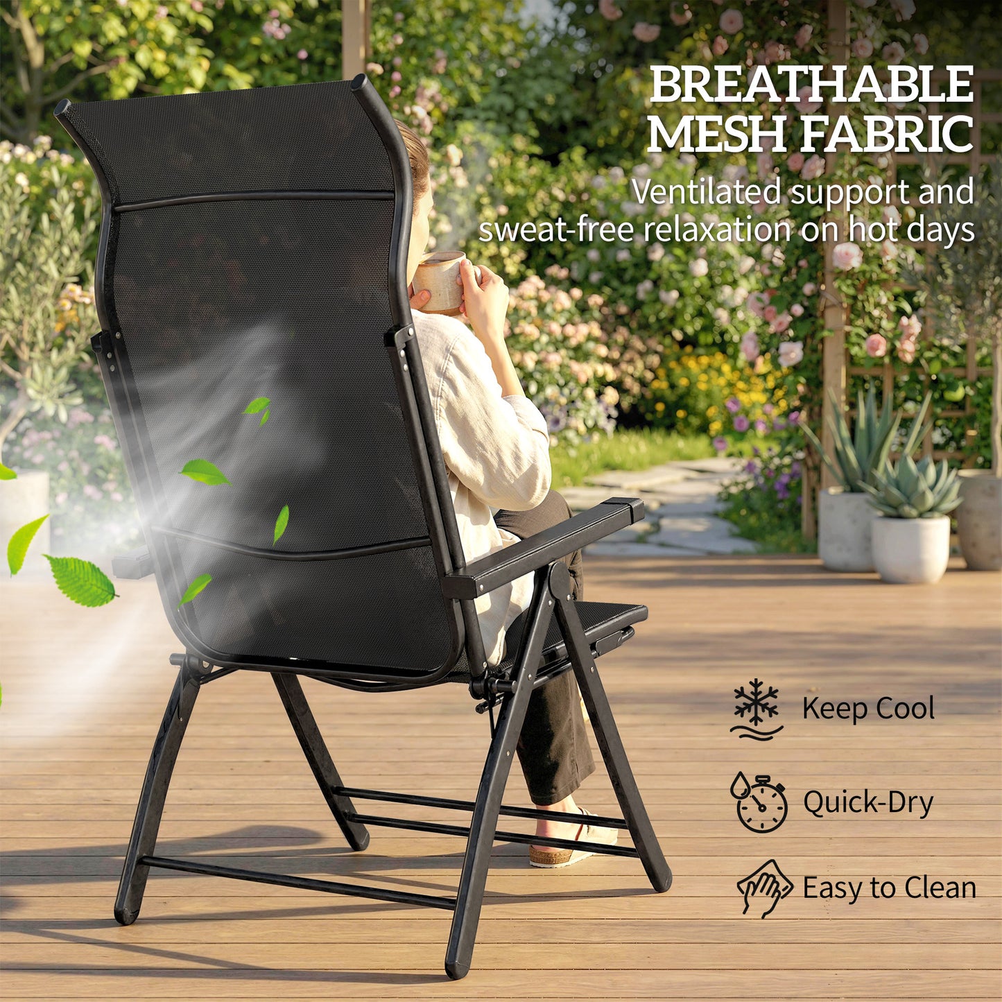 Folding Patio Chairs Set of 2, 5-Position Outdoor Lounge Chairs with High Back, Retractable Footrest, Black