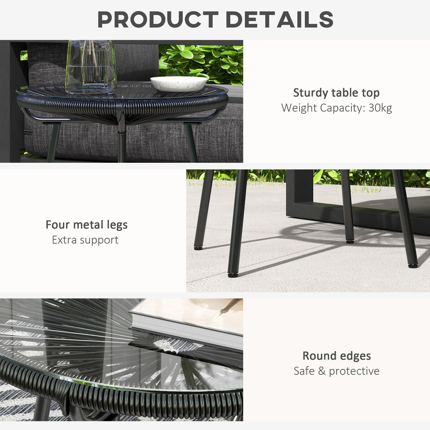 Rattan Side Table, Round Outdoor Table, with Round PE Rattan and Tempered Glass Table Top for Patio, Garden, Black