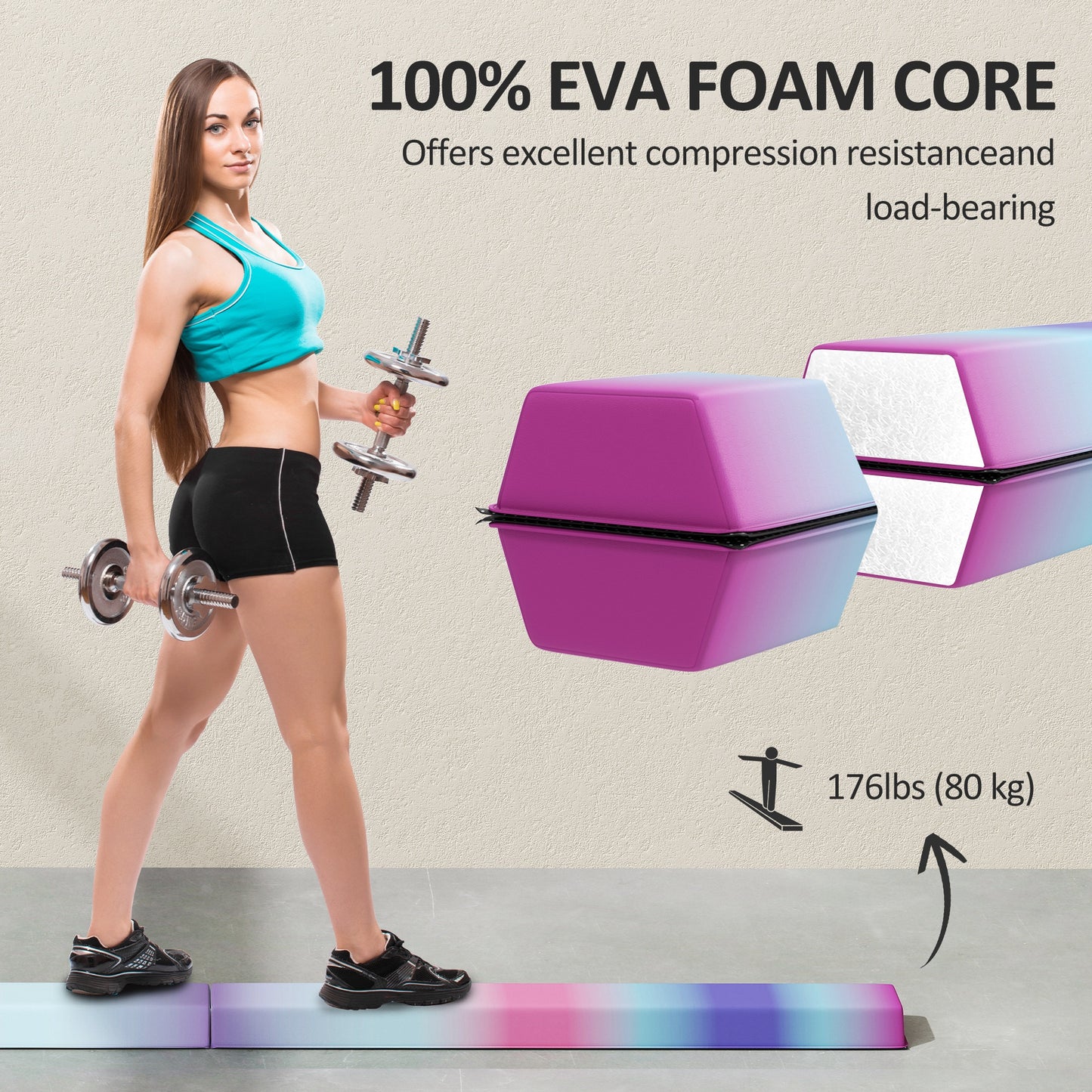 Soozier 7.7ft Folding Balance Beam, Gymnastics Equipment with Anti-Slip Bottom for Kids Home Training, Multicolour