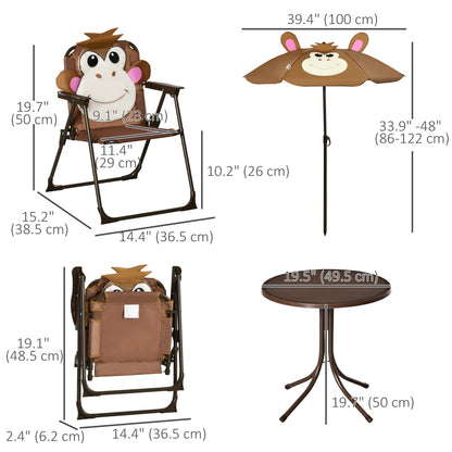 Kids Folding Picnic Table and Chair Set Pattern Outdoor Garden Patio Backyard with Removable & Height Adjustable Sun Umbrella Brown