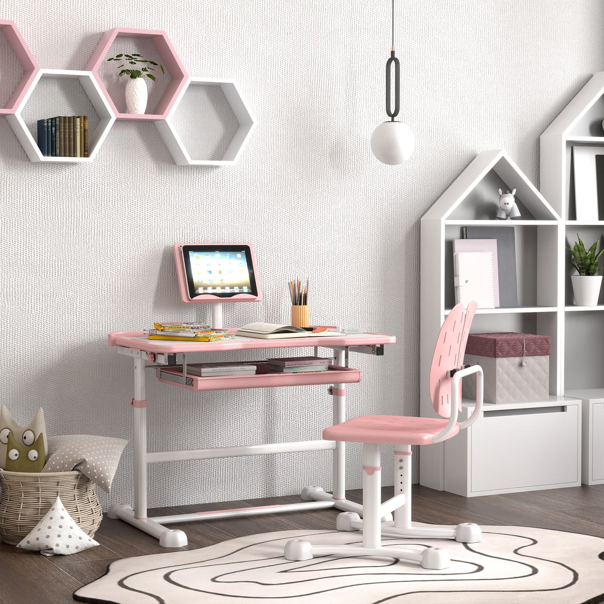Qaba Height Adjustable Kids Desk and Chair Set with Tilt Desktop, Large Writing Board, Storage Drawer, Book Stand, Pink