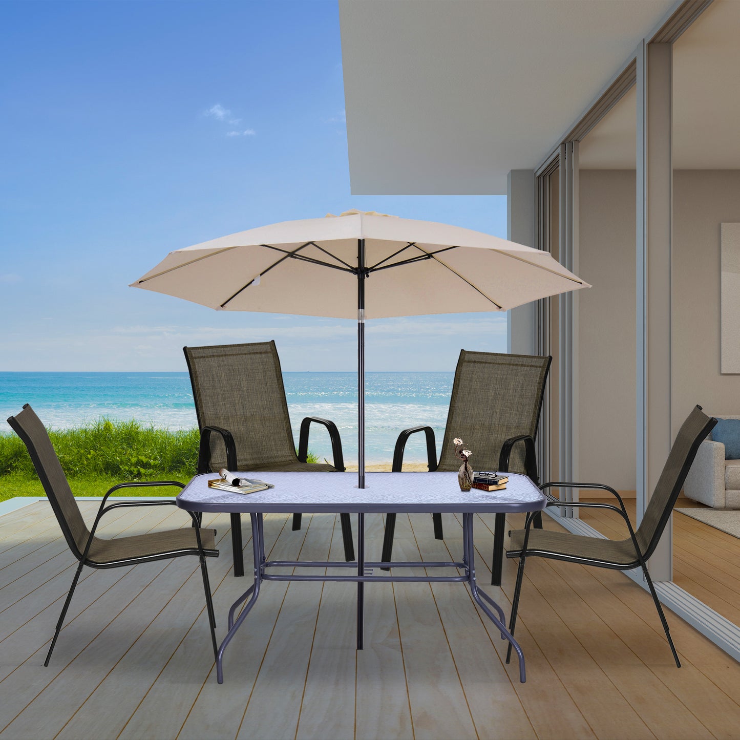 Set of 4 Outdoor Dining Chairs, Heavy Duty Stackable Patio Dining Set with Armrests for Balcony Garden, Brown and Black
