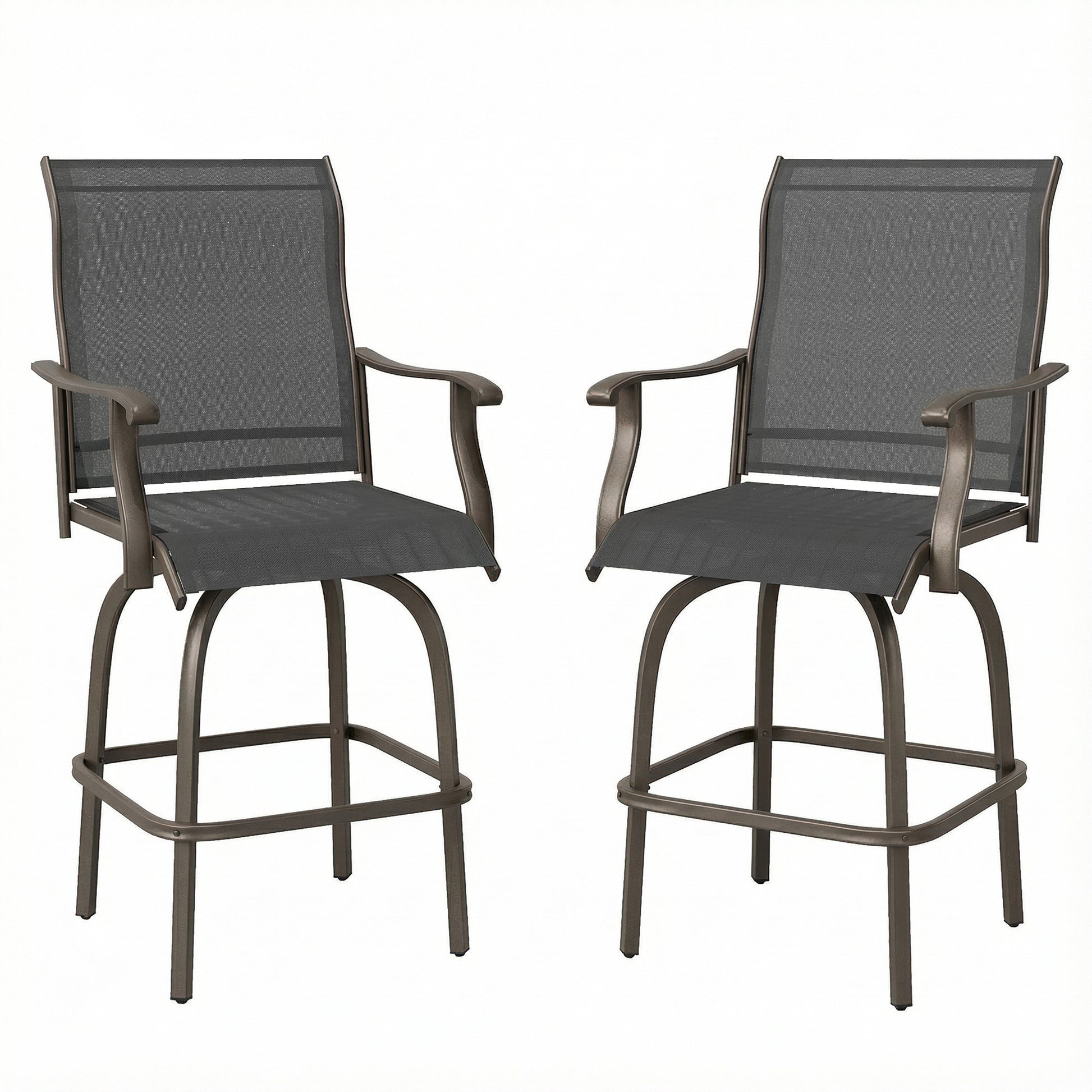 Outdoor Bar Stools Set of 2, Swivel Bar Height Chairs with High Back, Curved Armrests and Steel Frame, Black