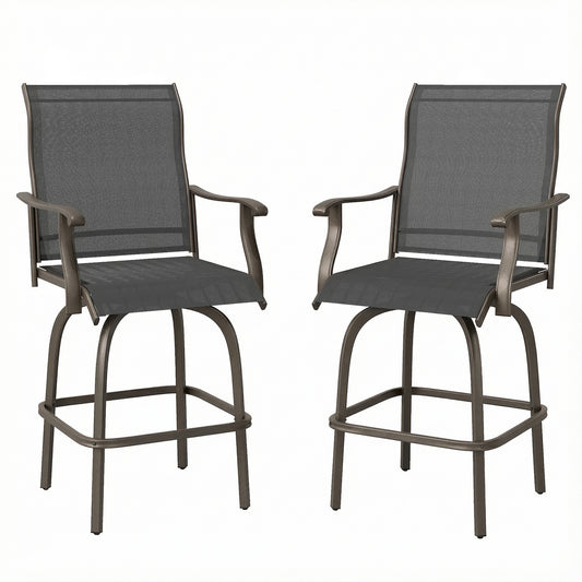Outdoor Bar Stools Set of 2, Swivel Bar Height Chairs with High Back, Curved Armrests and Steel Frame, Black