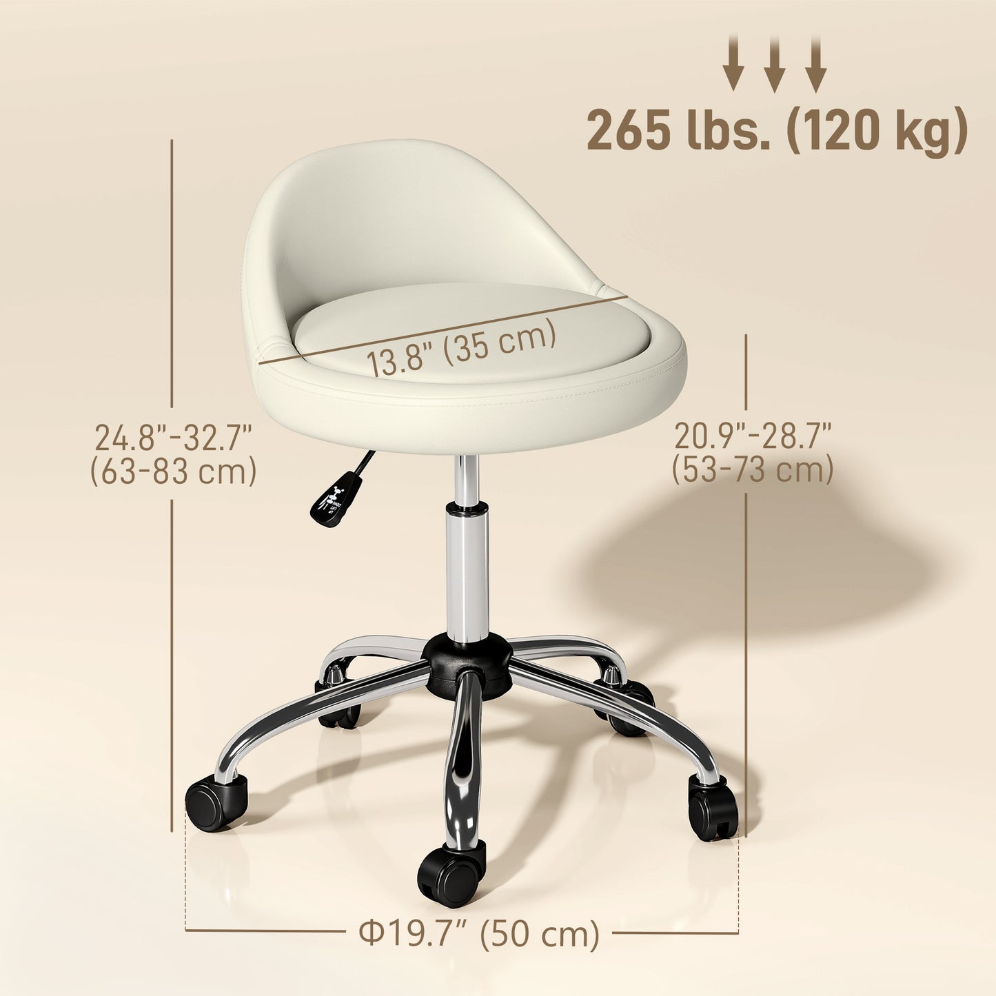 Salon Stool, Adjustable Rolling Stool, White