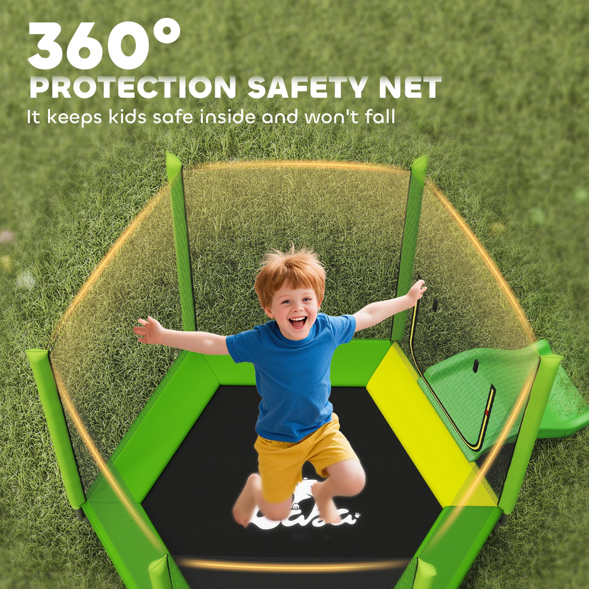 Qaba 85" Trampoline for Kids with Safety Enclosure, Toddler Trampoline with Slide Ladder for Ages 3-6 , Green