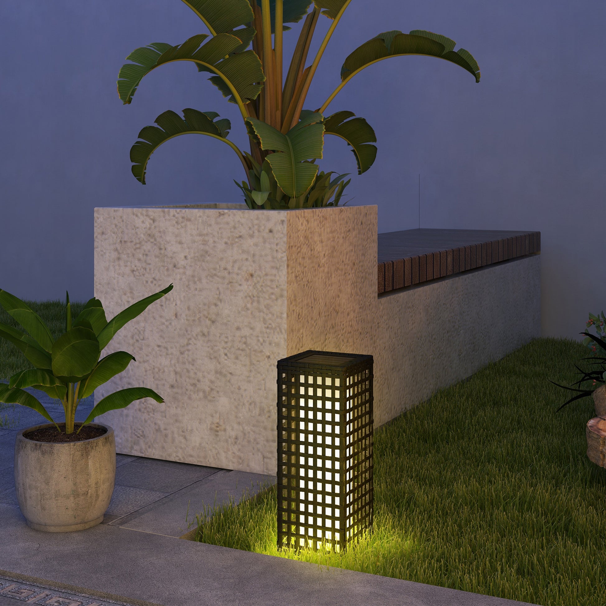 Wicker Solar Outdoor Lamp, Decorative Floor Lamp with Auto On/Off LED Lights, IP44 for Patio, Porch, Pathway, Black