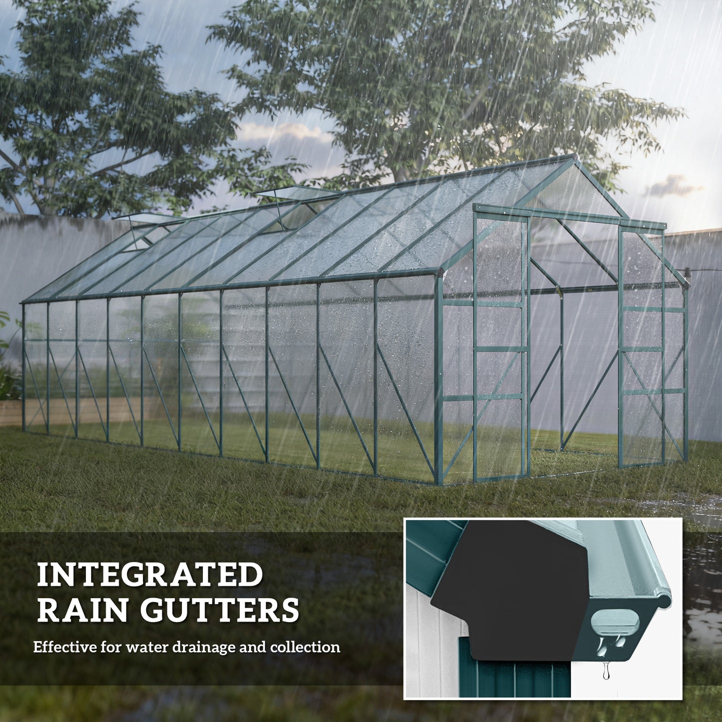 Aluminum Greenhouse Polycarbonate Walk-in Garden Greenhouse with Sliding Door, 20' x 8', Green