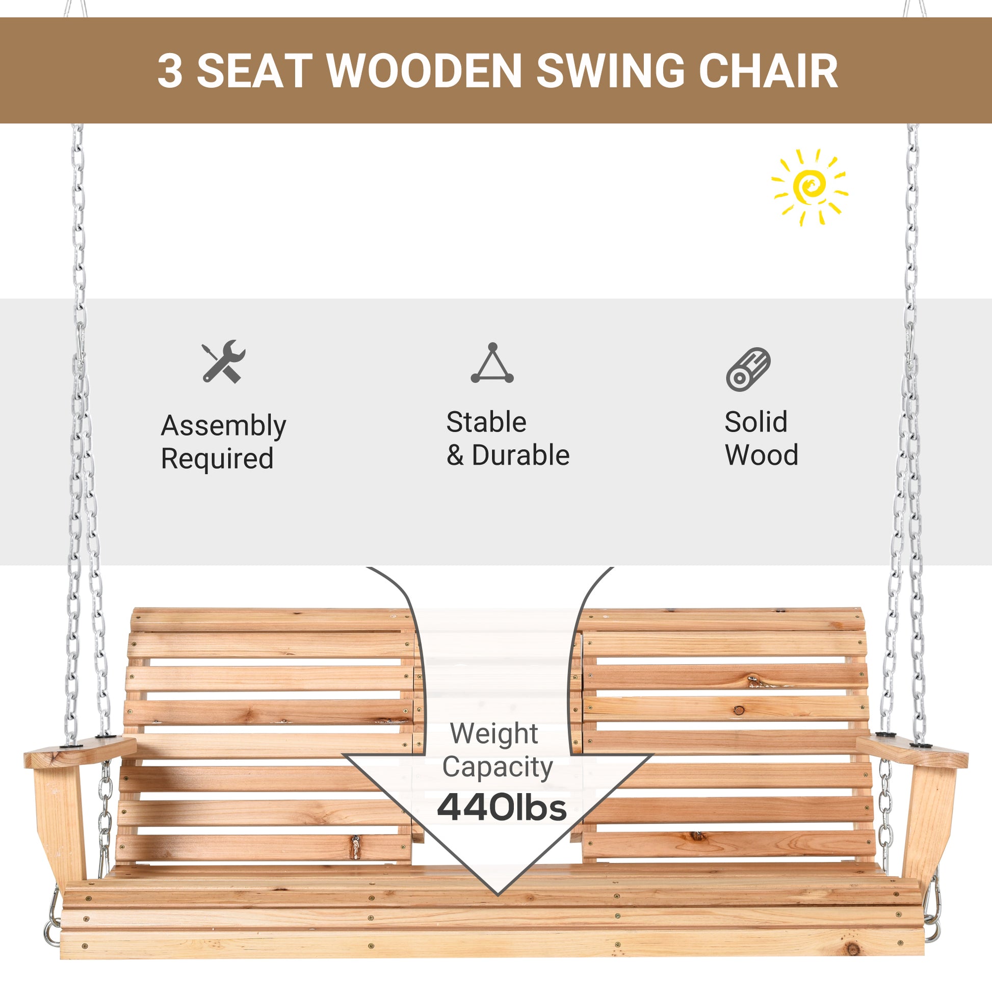 3 Seater Patio Swing Chair Wood Porch Swing with Foldable Table, Cup Holders, Steel Chains for Garden, Yard, Natural
