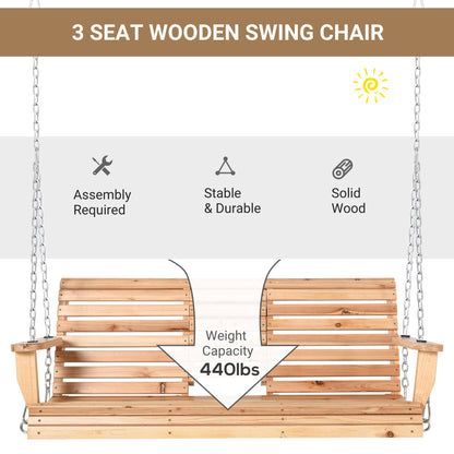 3 Seater Patio Swing Chair Wood Porch Swing with Foldable Table, Cup Holders, Steel Chains for Garden, Yard, Natural
