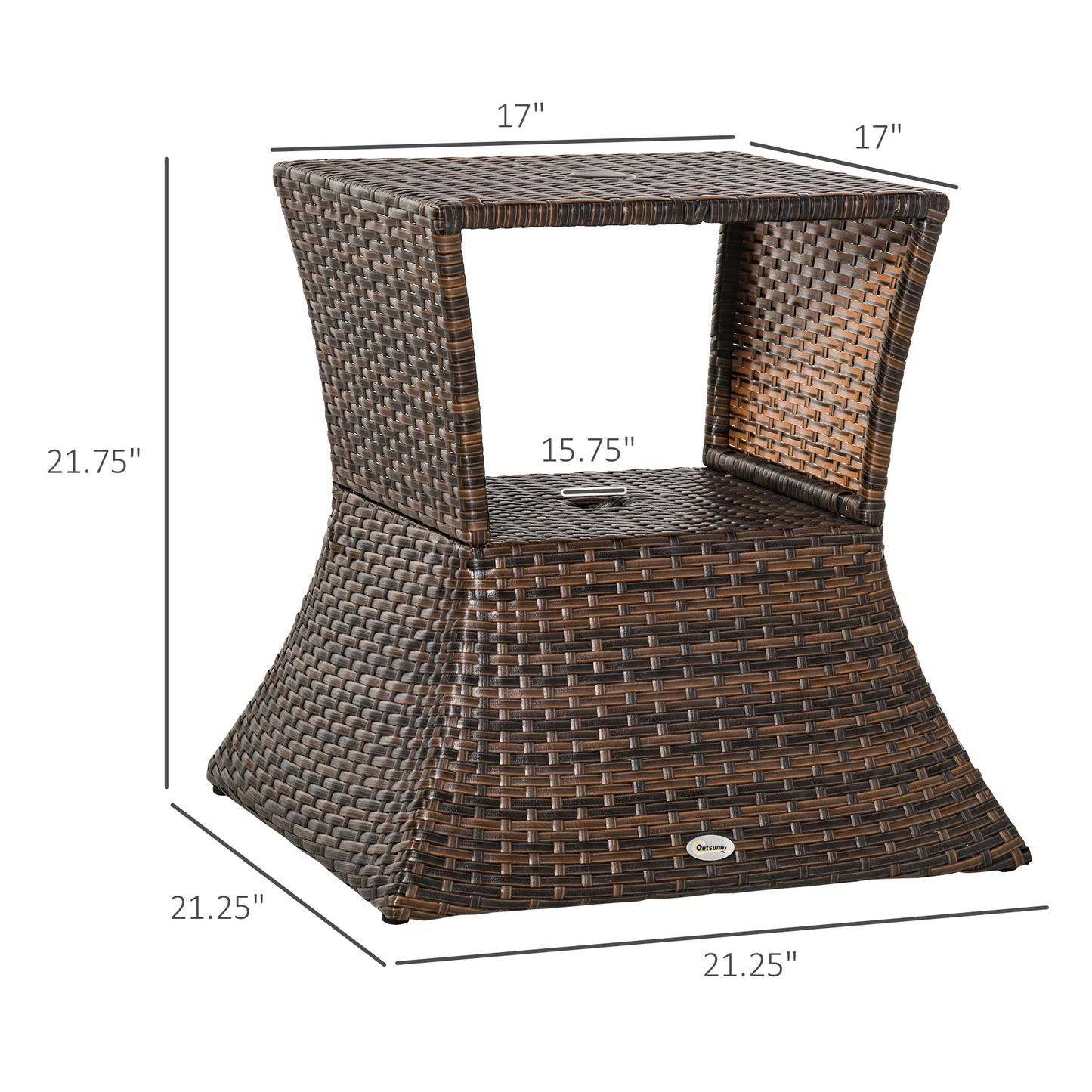 Rattan Wicker Side Table, 21.3" Square Outdoor End Table with Umbrella Hole 2-Tier Storage for Patio Garden Mixed Brown