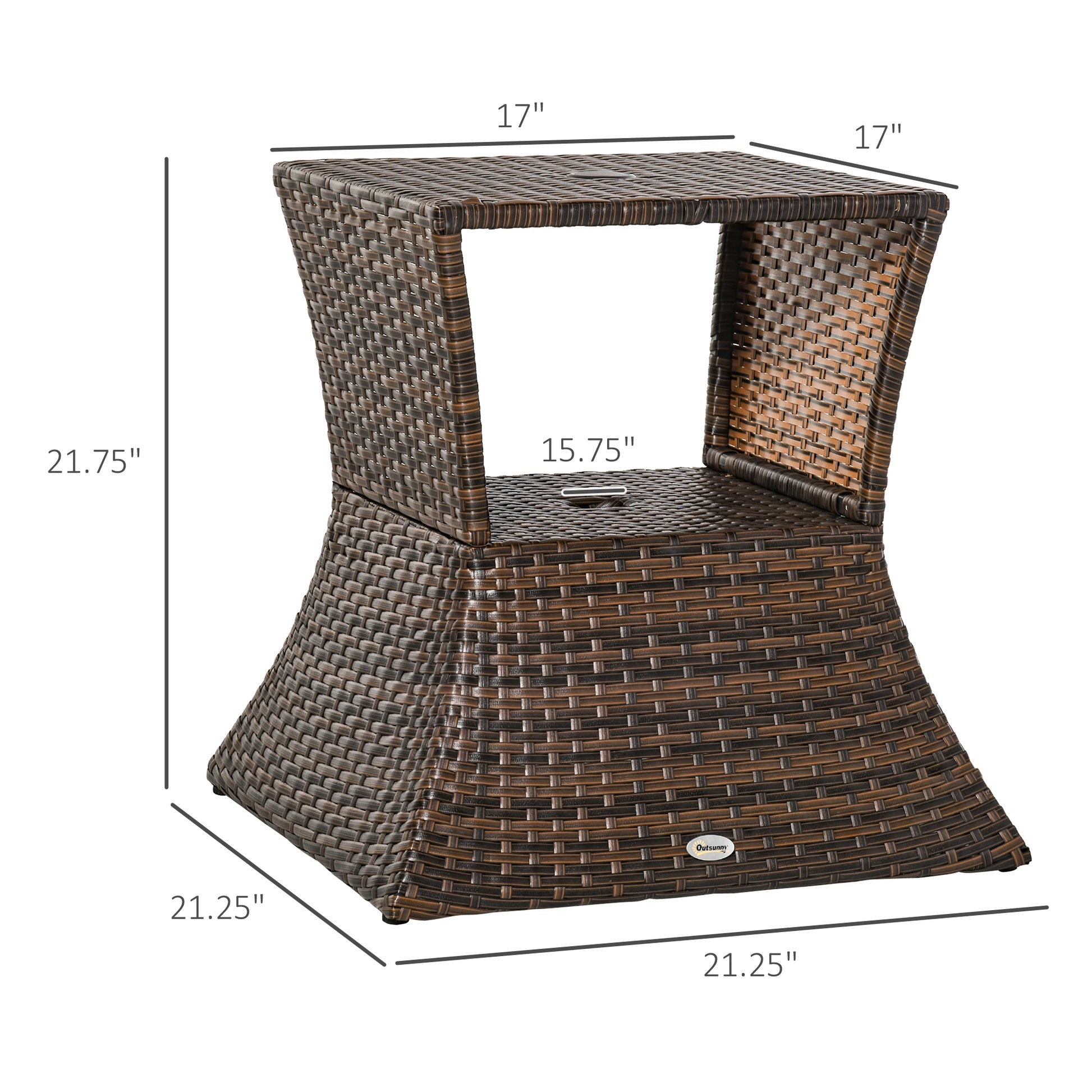 Rattan Wicker Side Table, 21.3" Square Outdoor End Table with Umbrella Hole 2-Tier Storage for Patio Garden Mixed Brown