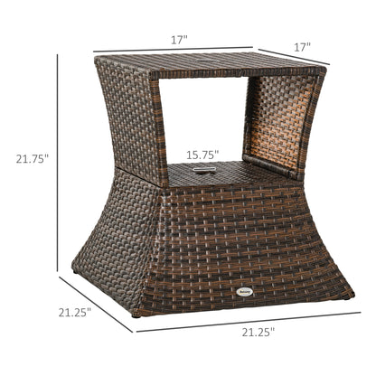 Rattan Wicker Side Table, 21.3" Square Outdoor End Table with Umbrella Hole 2-Tier Storage for Patio Garden Mixed Brown