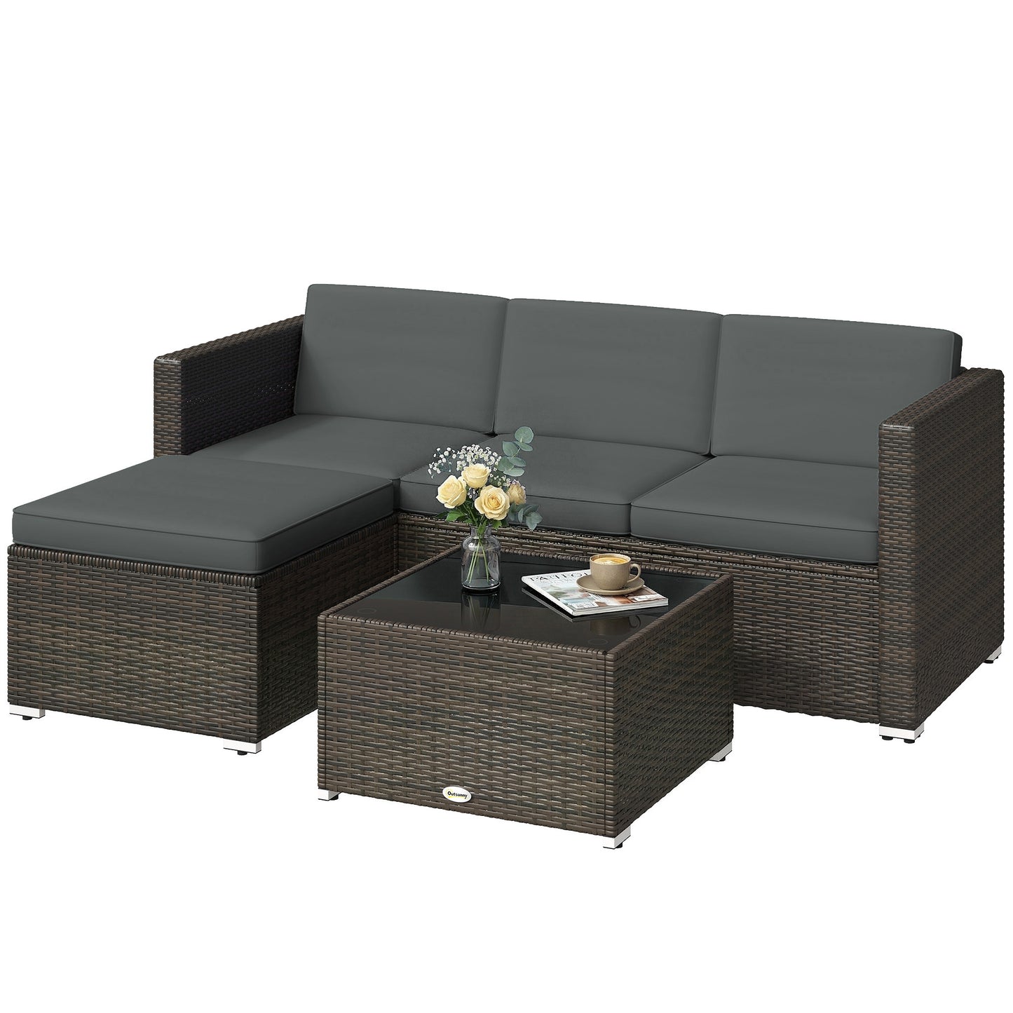 3 Pieces Patio Furniture Set with Cushions, Outdoor PE Rattan Wicker Conversation Corner Sofa Set, Dark Grey