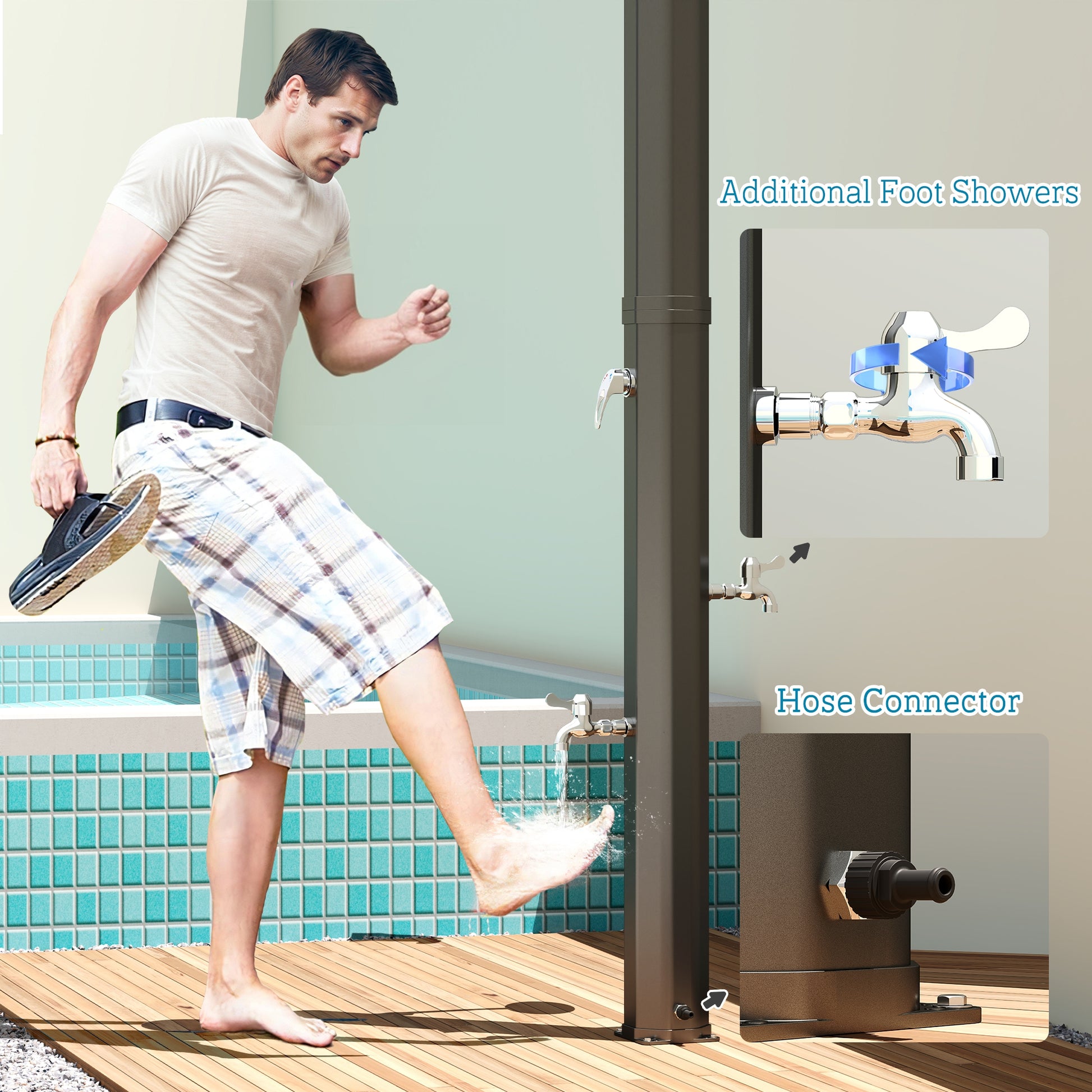 9.2 Gallon Solar Heated Outdoor Shower, 7.1ft with 2 Free-Rotating Shower Heads & Foot Showers for Poolside Beach Spa